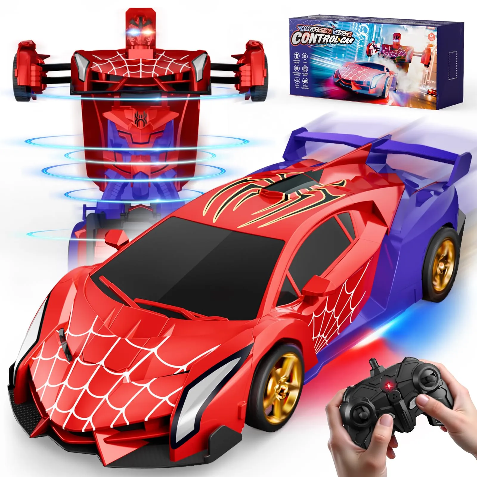 Macchina Telecomandata con Luci LED Occhi & Sotto, 2.4GHz & 360°Deriva Trasform Robot Giocattolo Gioco per Bambino 3-12 Anni, Macchinina Radiocomandata Giochi Regalo Bambini 3 4 5 6 7 8 9 Anni Maschio