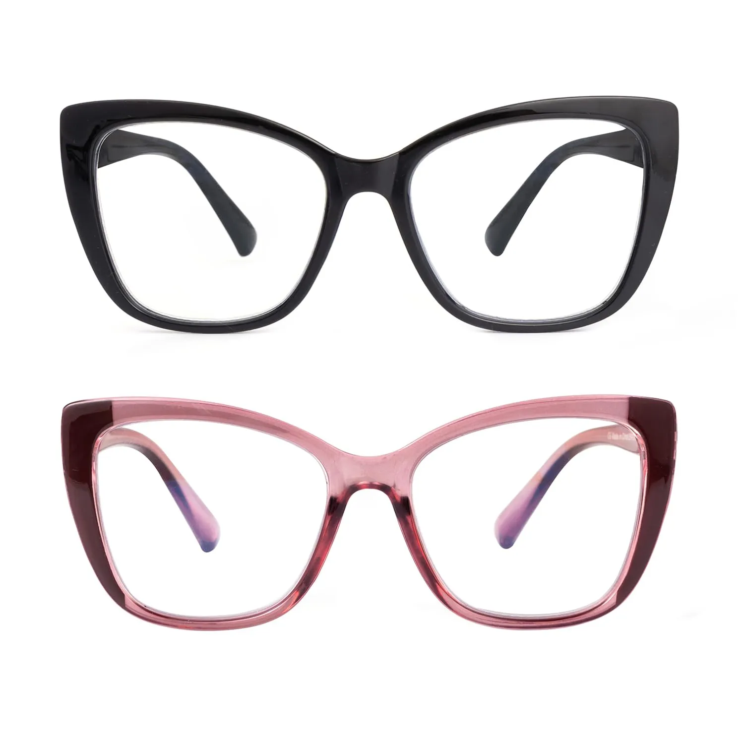 SKYWAY 2 Pack Occhiali da Lettura per Donna, Occhiali da Computer Oversize alla Moda con Blocco Luce Blu, Montatura Quadrata a Occhio di Gatto con Cerniera a Molla,Nero/Rosa 1.5