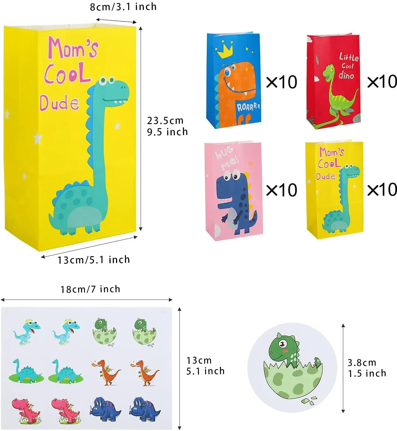 40 Pezzi Sacchetti Regalo di Carta, Dinosauro Caramella Sacchetto, Paper Bags, Borsa da Festa Colorata con Adesivo Dinosaur per Bambini Feste di Compleanno/Celebrazione