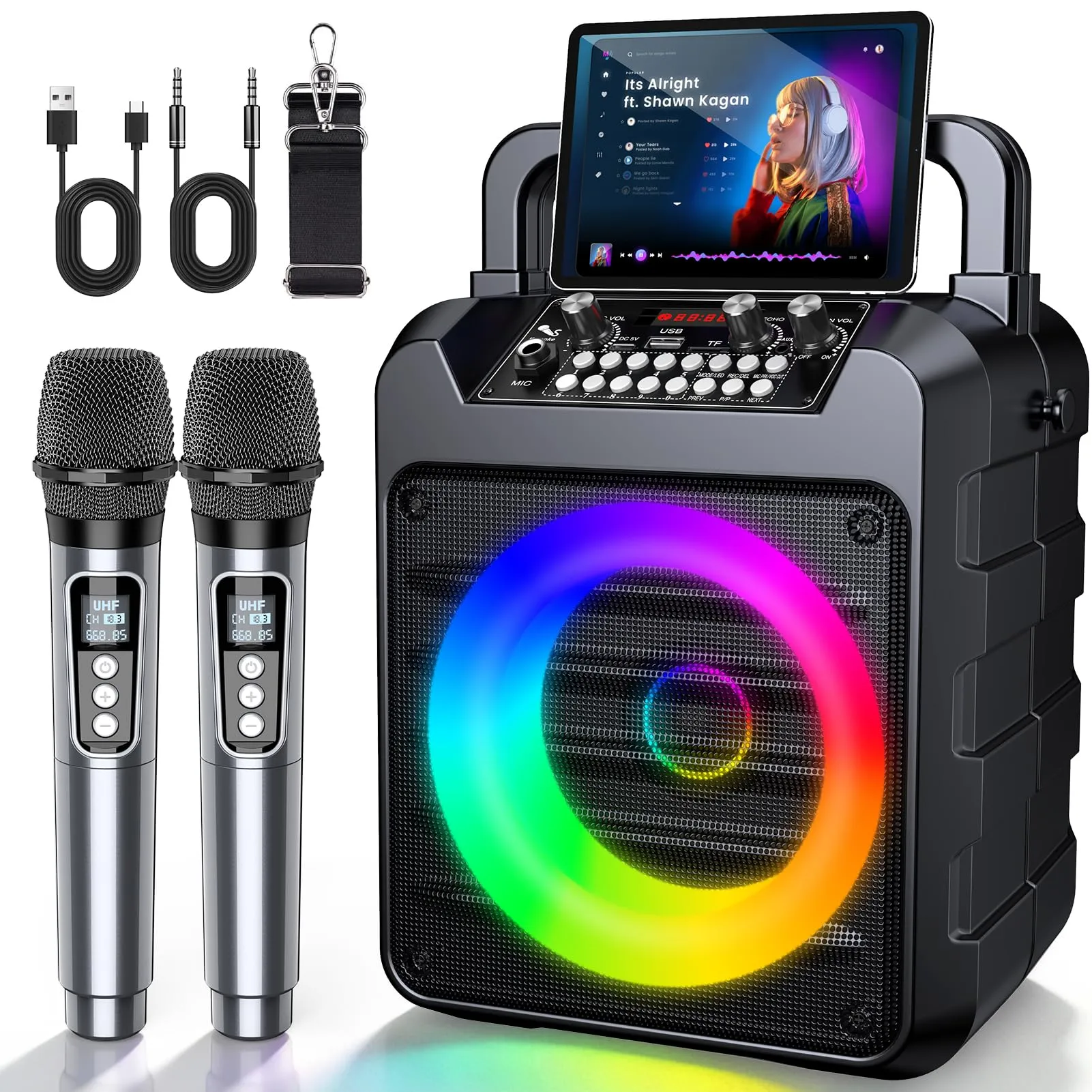Dislocati Karaoke con Microfono, Karaoke Professionale Completo Portatile Bluetooth per Adulti Bambini con 2 Microfoni Senza Fili, Luci LED, TWS, AUX/USB, Cassa Bluetooth 5.3 Potente, 12 Ore, Regali