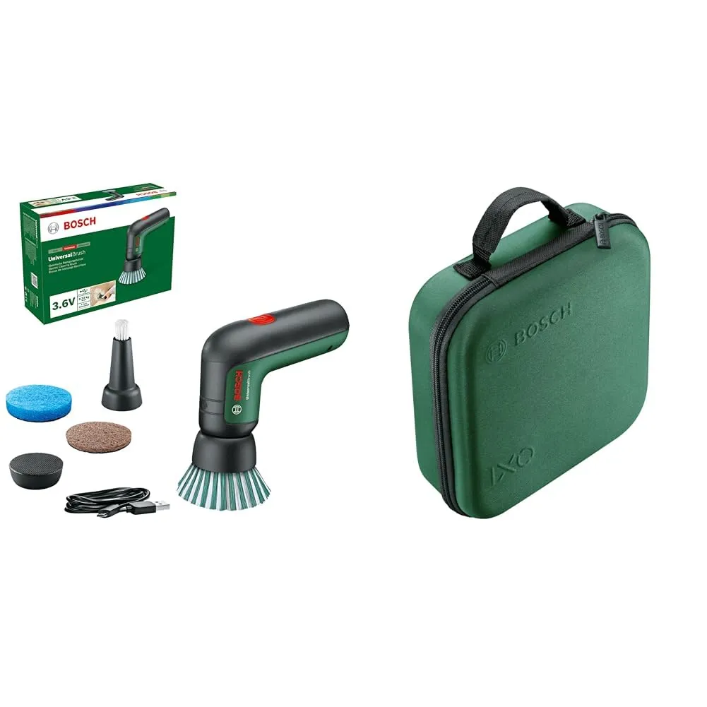 Bosch Home and Garden Spazzola di pulizia senza fili UniversalBrush (batteria integrata da 3,6 V, 1 cavo micro-USB e 4 accessori per la pulizia inclusi) Verde, Standard + Borsa portaoggetti Bosch