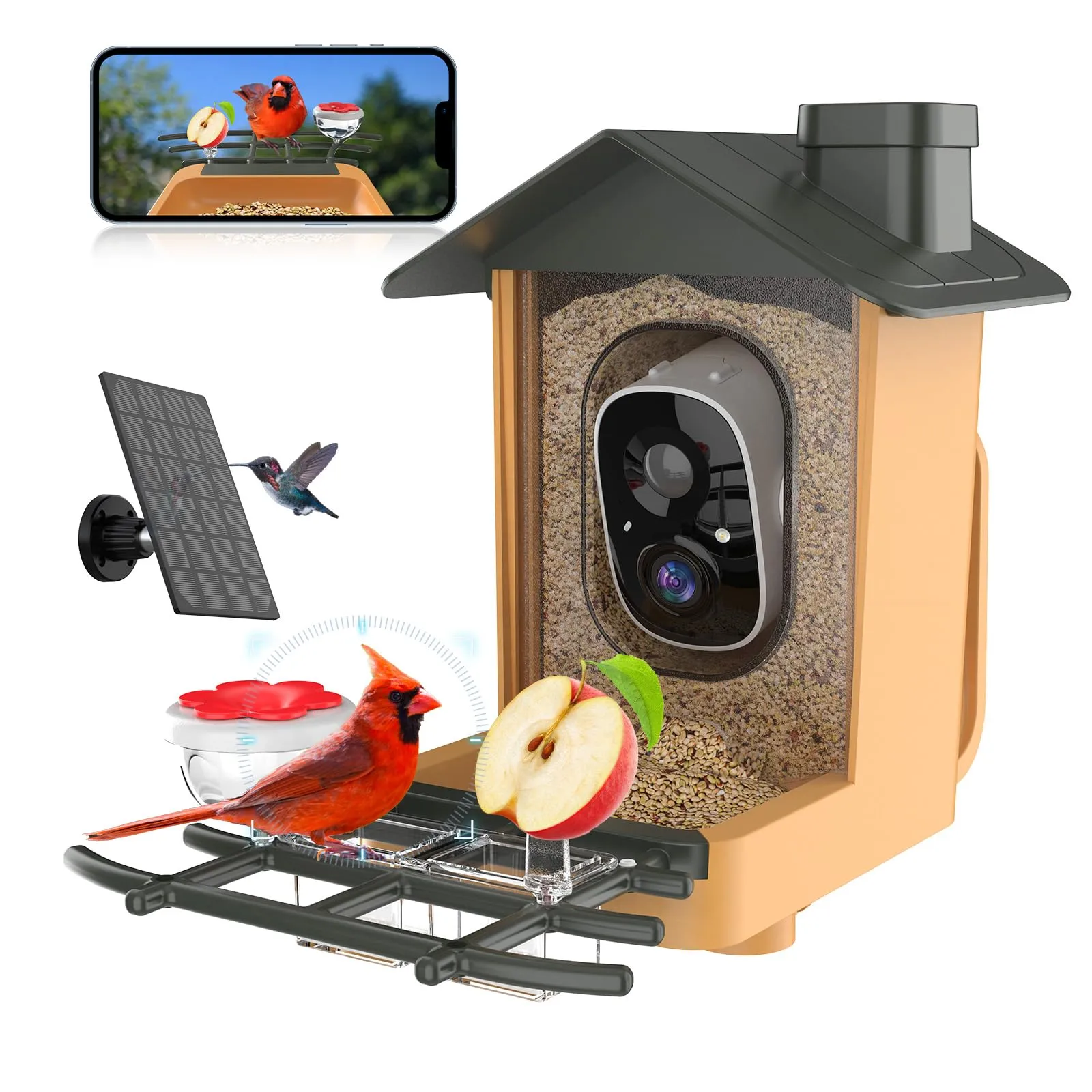 Mangiatoia per Uccelli con Telecamera 2K HD AI Identificazione IP65 Impermeabile Mangiatoia Intelligente per Uccelli Solare Notifiche Istantanee Cattura Automatica di Video