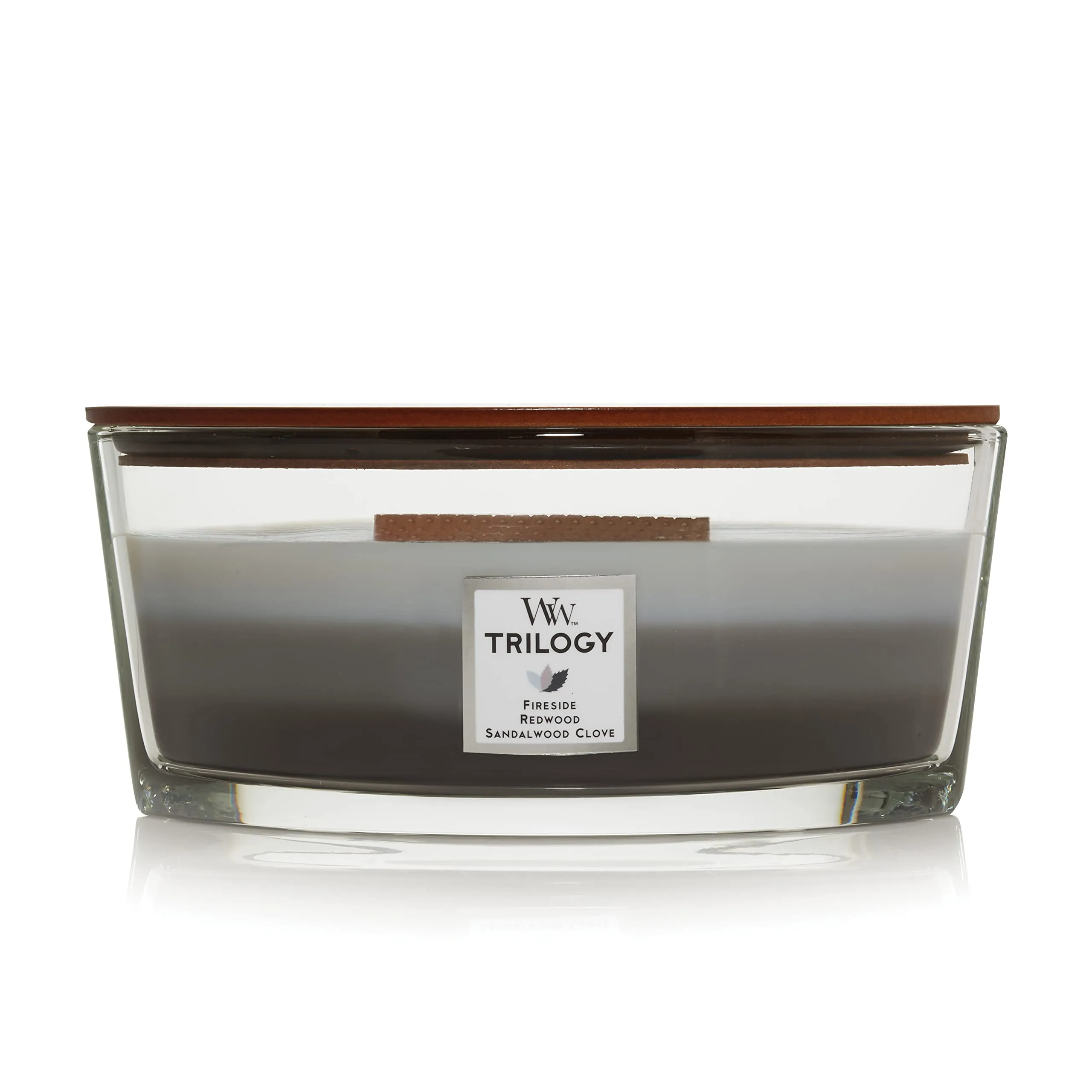 WoodWick Trilogy Candela profumata Ellipse con stoppino crepitante | Legno caldo (Warm Woods) | Durata della fragranza: fino a 50 ore