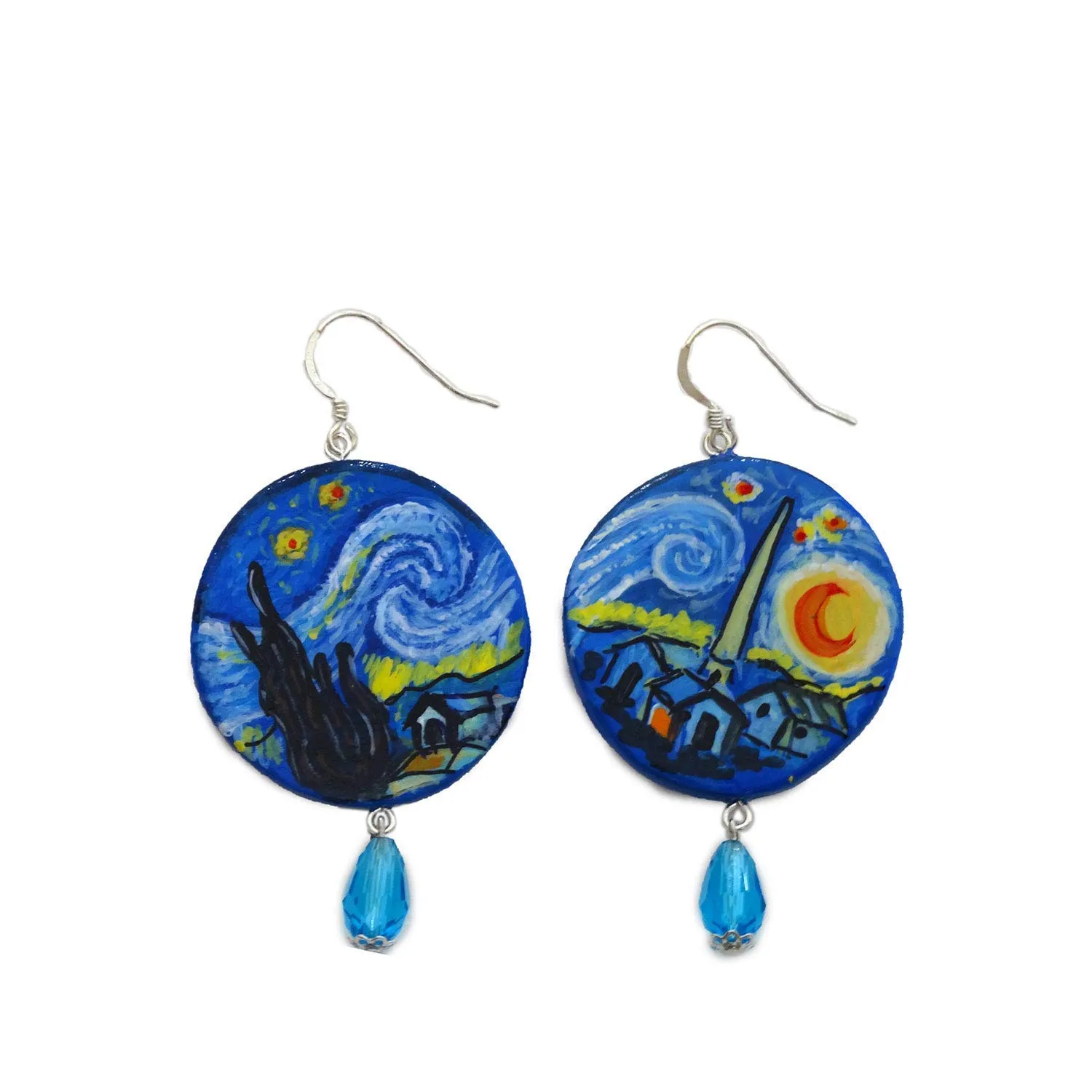 Orecchini in ceramica dipinti a mano – LA NOTTE STELLATA DI VAN GOGH - Orecchini pendenti da donna, Gioielli in ceramica dipinta, Gancio in argento, Made in Italy, Bijoux, Lavorazione Artigianale