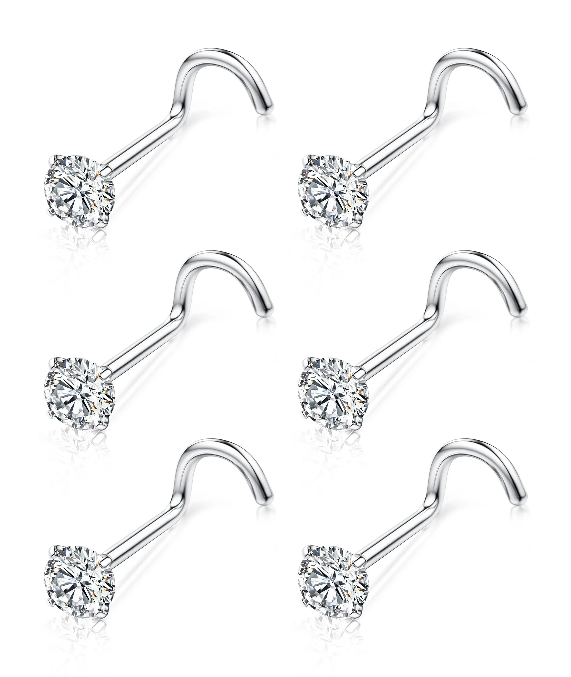 Chriscoco 6 Pezzi Piercing Naso Titanio G23 Piercing Naso Vite Piercing Naso Brillantino 3mm Cubico Zirconi Orecchini Naso Nostril Piercing 20G Piercing Naso Argento