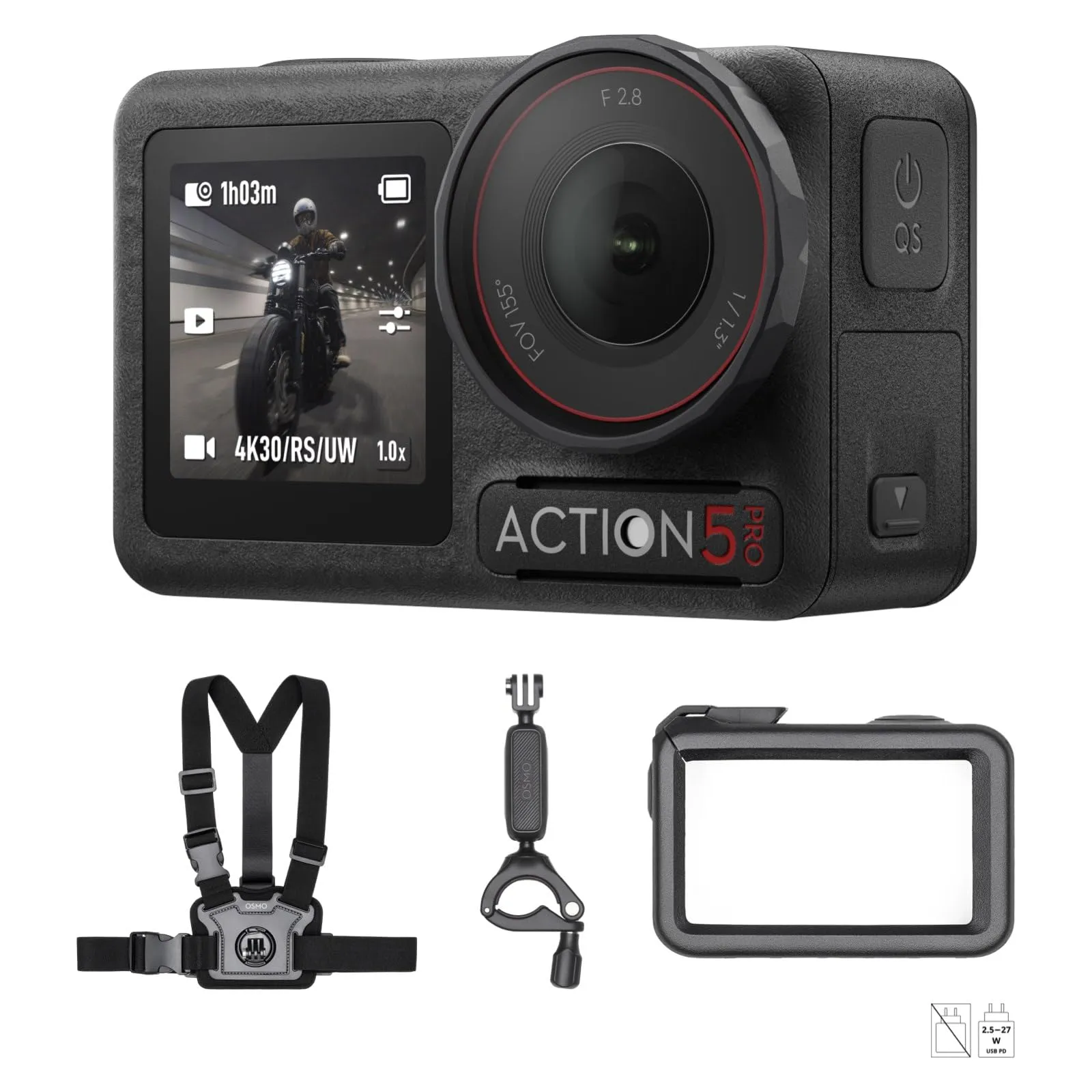 DJI Osmo Action 5 Pro Combo Standard Moto/Mountain Bike, action cam 4K per rider,sensore 1/1.3", FOV 155º, batteria 4h,registrazione dati sport,supporto con cinghia toracica per vista in prima persona