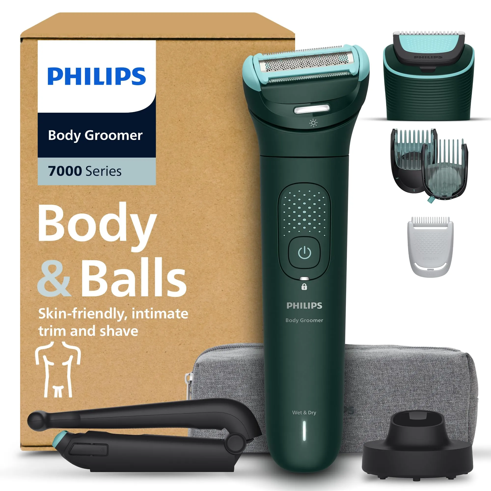 Philips Bodygroom serie 7000 - Rifinitore per uomo, testina flessibile 2D tripla protezione, Testine intercambiabili, Rifinitura e rasatura intima, Impermeabile 100%, 120 minuti autonomia, BG7485/30