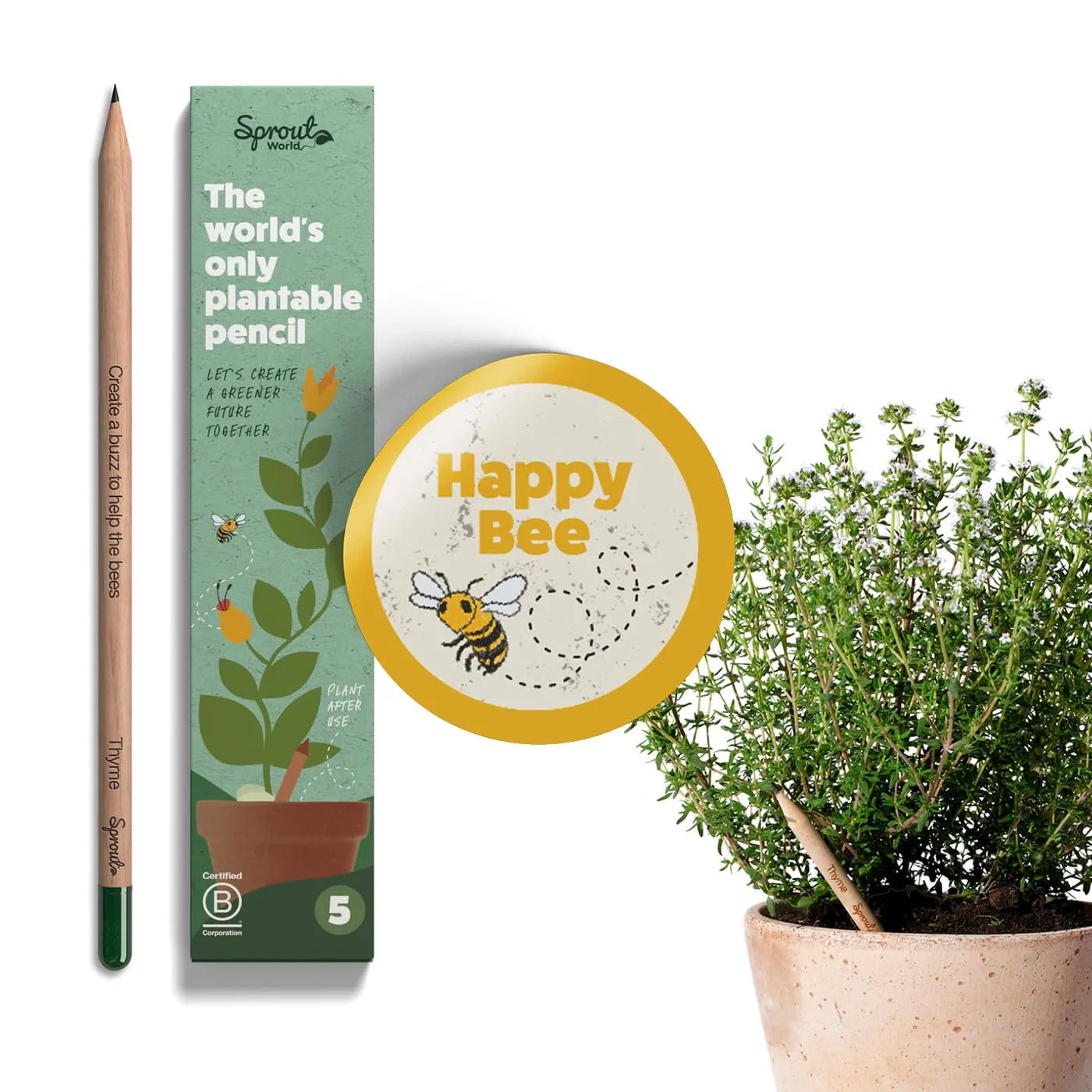 SproutWorld Matita | Edizione Happy Bee | Matite Piantabili nel Rispetto delle Api con Semi di Fiori e Verdure | Regalo Ecologico con Frasi Motivazionali
