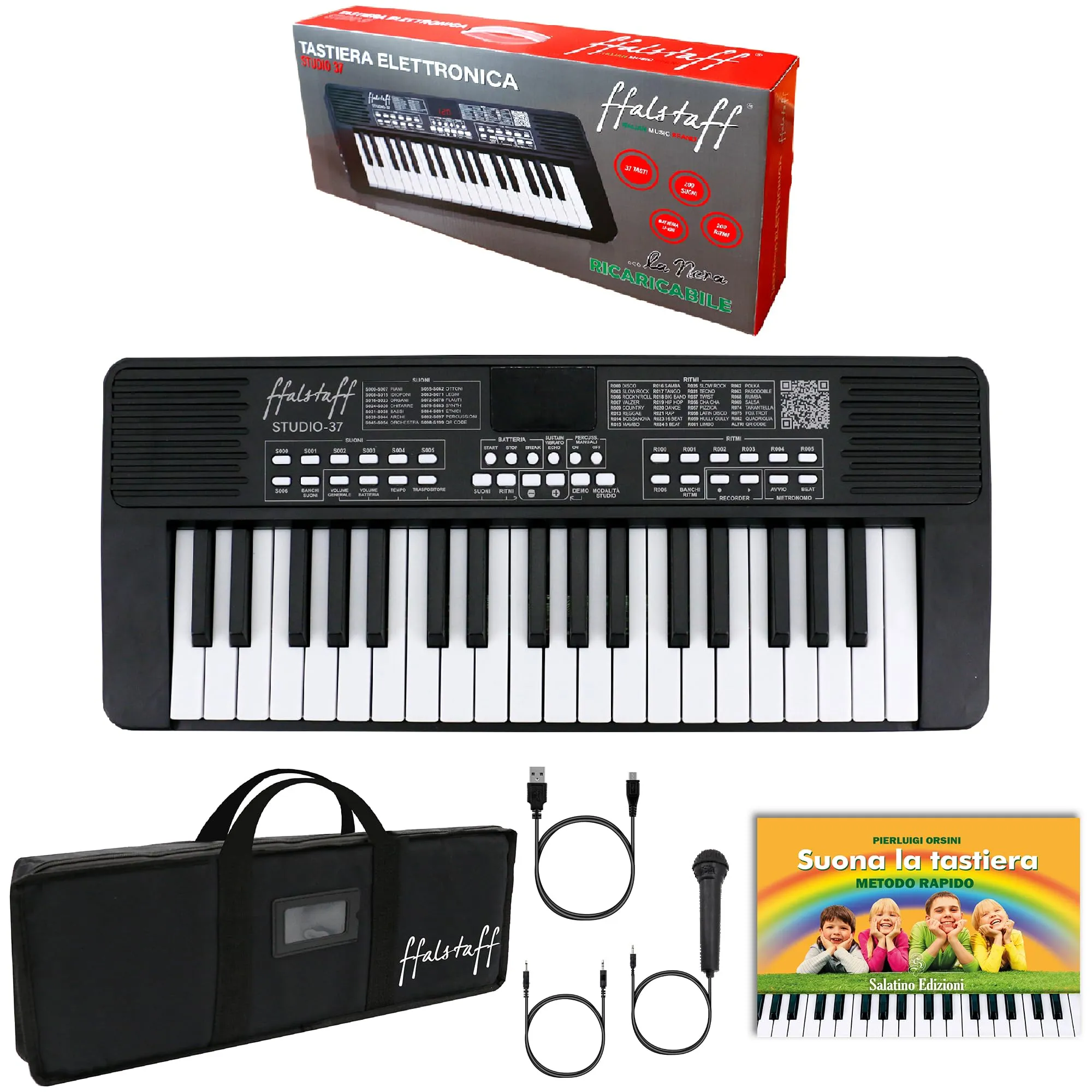 ffalstaff STUDIO-37 Tastiera Elettronica Ricaricabile 37 Tasti per uso Scolastico - Borsa con Imbottitura di 5 mm con Tracolla e E-book "Suona la Tastiera"