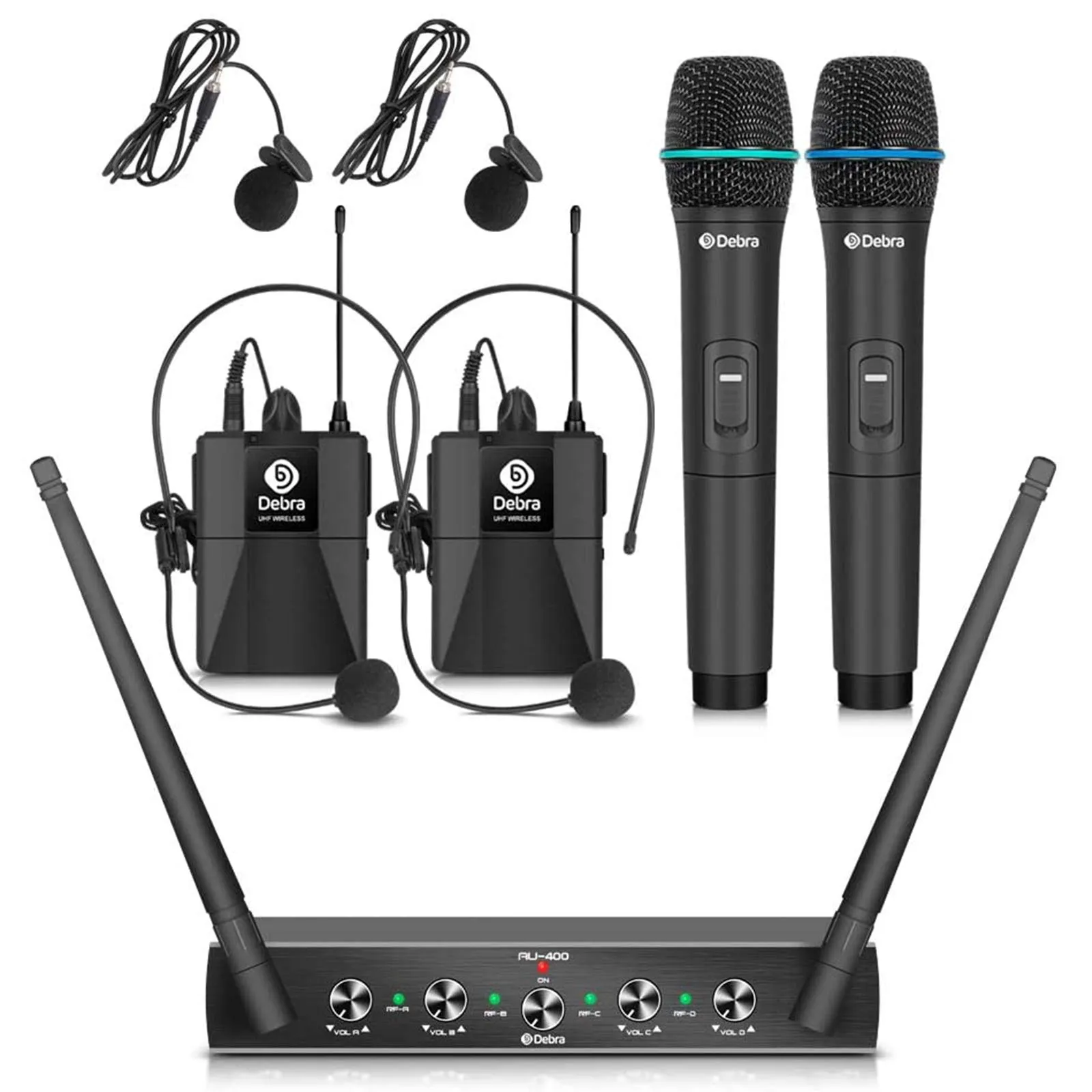 Debra Audio Pro UHF - Sistema di microfono wireless a 4 canali, con microfono lavalier, ricevitore in metallo, ideale per karaoke, feste di karaoke