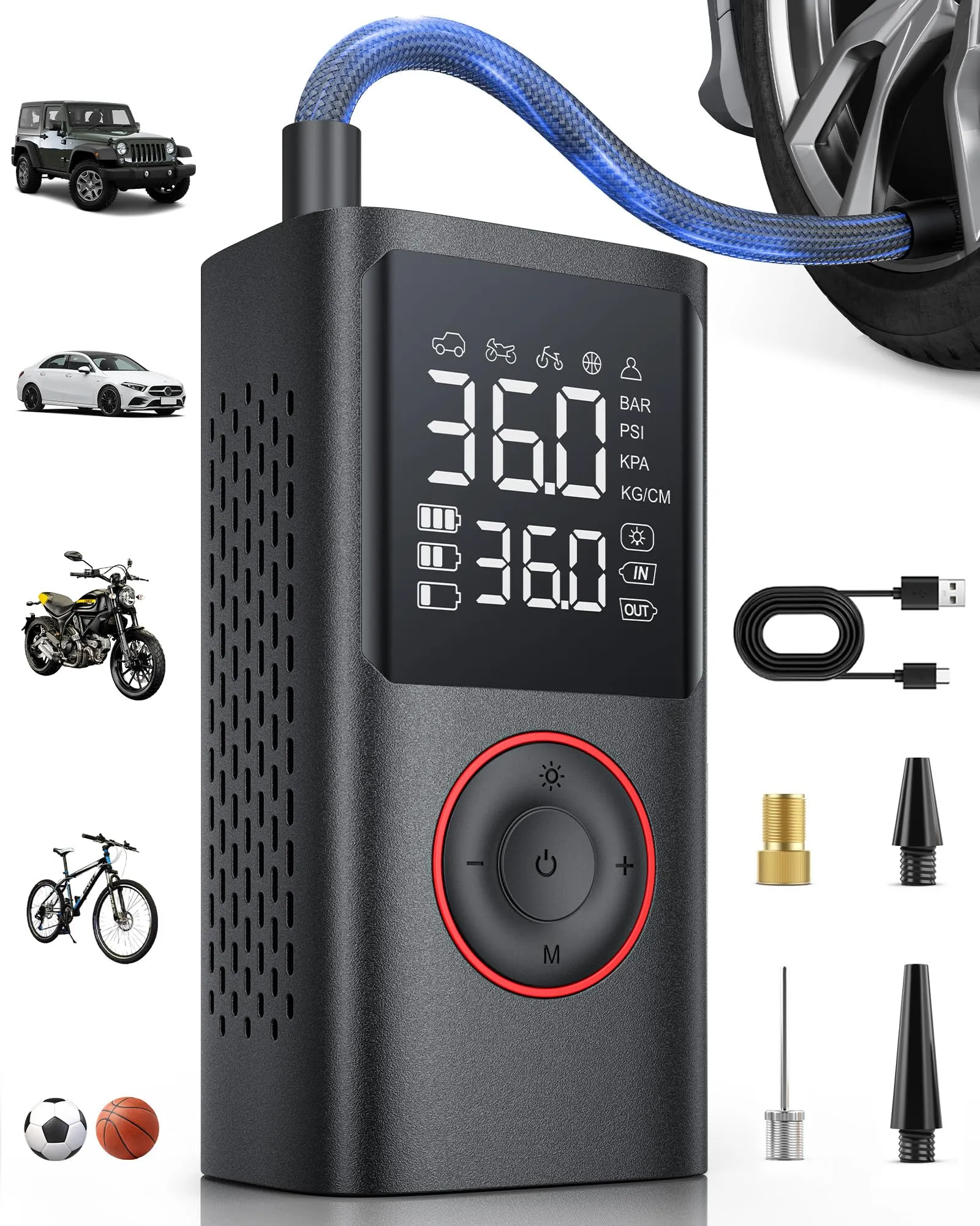 Powools Compressore Aria Portatile Auto – Mini Pompa Elettrica per Bicicletta, Gonfiatore Wireless con Manometro Digitale, Spegnimento Automatico e Luce LED