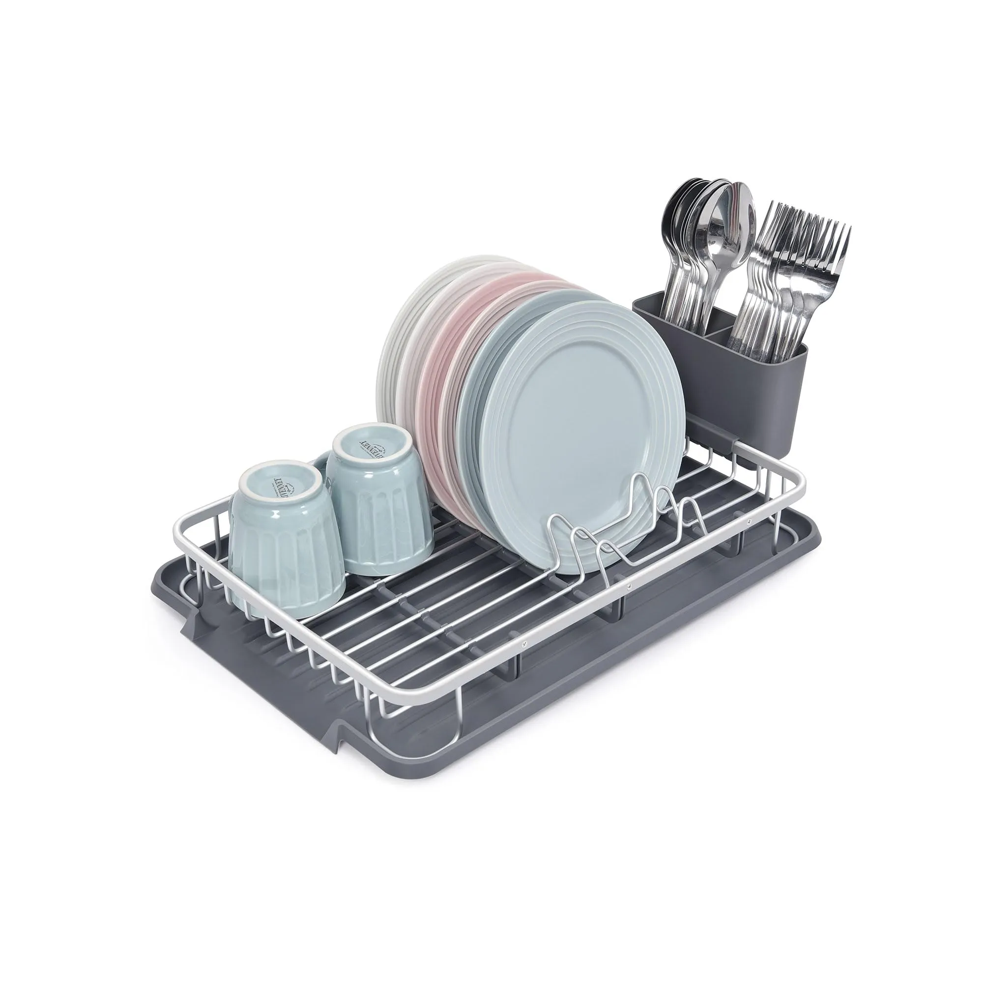 Amig - Scolapiatti Ezzik - 41,7 x 28,7 x 6 cm - Alluminio e Plastica - Colore Grigio - Scolapiatti con Vassoio di Sgocciolamento e Supporto per Posate - Capacità per 8 Piatti, Bicchieri e Posate