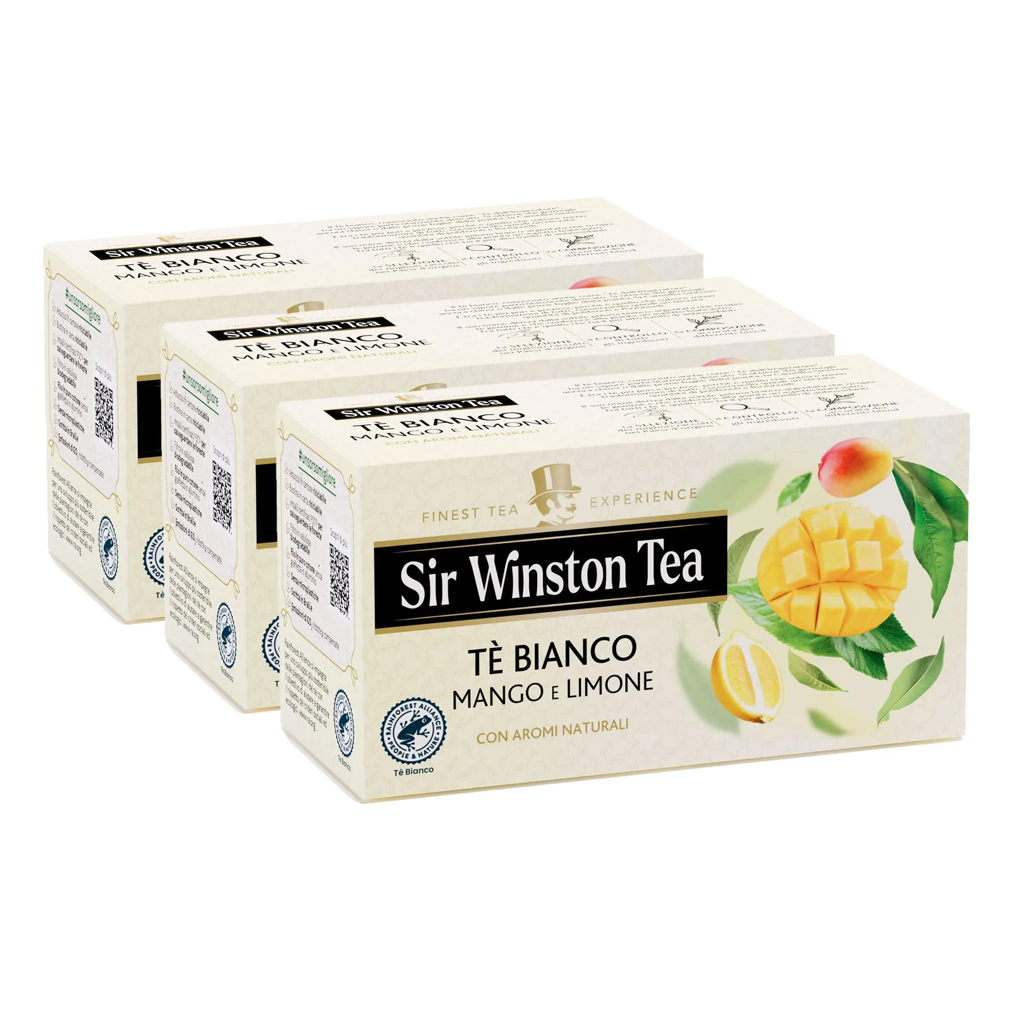 Sir Winston Tea, Tè Bianco Mango e Limone, 60 Filtri (3 Confezioni da 20 Filtri), Gusto Delicato e Fruttato, Certificato RFA, Senza Lattosio, Glutine e Allergeni, Vegan