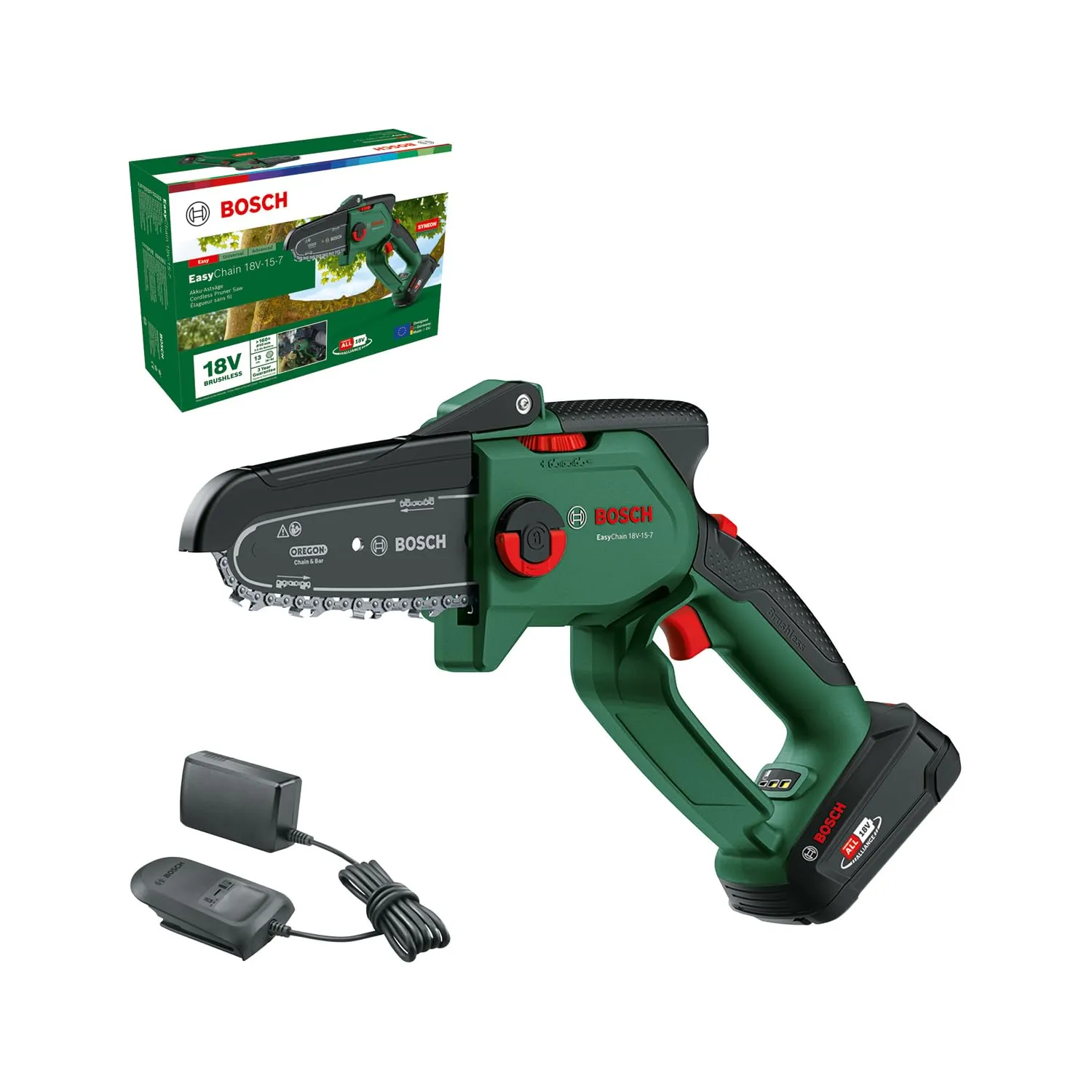 Bosch Mini Motosega a batteria EasyChain 18V-15-7 (per il taglio del legno; 18 Volt System; velocità catena: 6,95 m/s; con batteria da 2,5 Ah e caricabatteria)