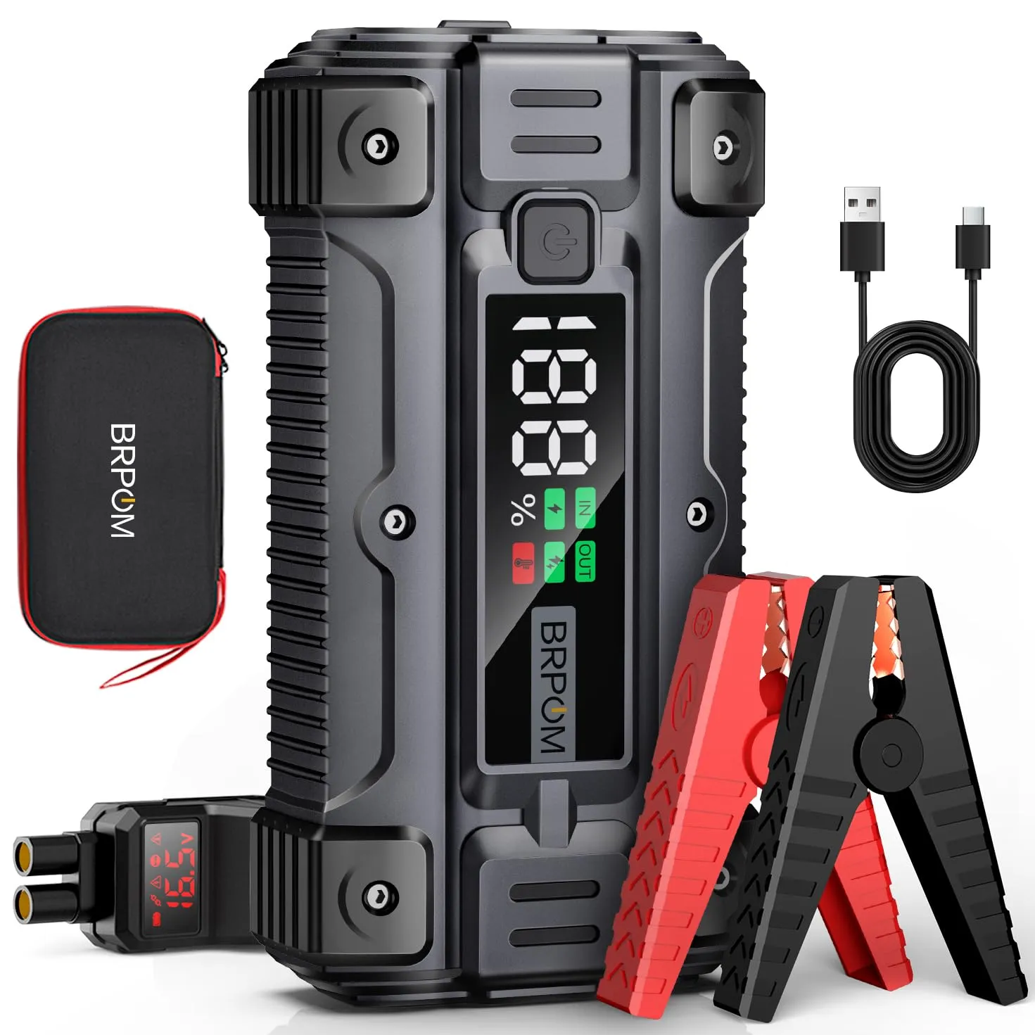 BRPOM Avviatore Batteria Auto, 6000A 26800mAh Avviatore di Emergenza per Auto/Moto, (Motori Fino a ALL Gas o 8.5L Diesel) Booster Avviamento Auto con Torcia a LED&USB Quick Charge 3.0