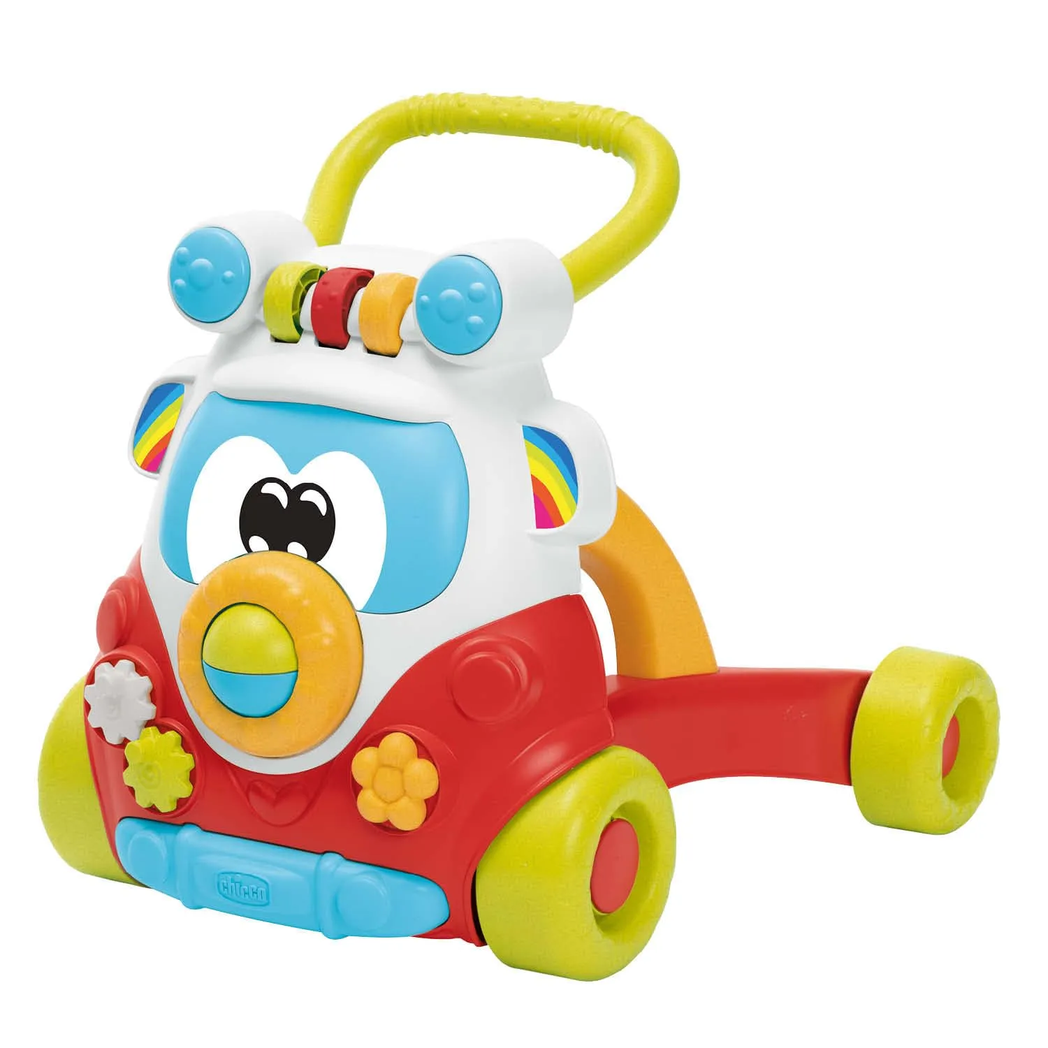 Chicco Primi Passi per Bambini Happy Hippy con Centro Attività Manuali, Pulmino Primi Passi, 4 Grandi Ruote, Girello con Maniglia Ergonomica, fino a 80% Plastica Riciclata, Giochi Bambini 9-24 Mesi