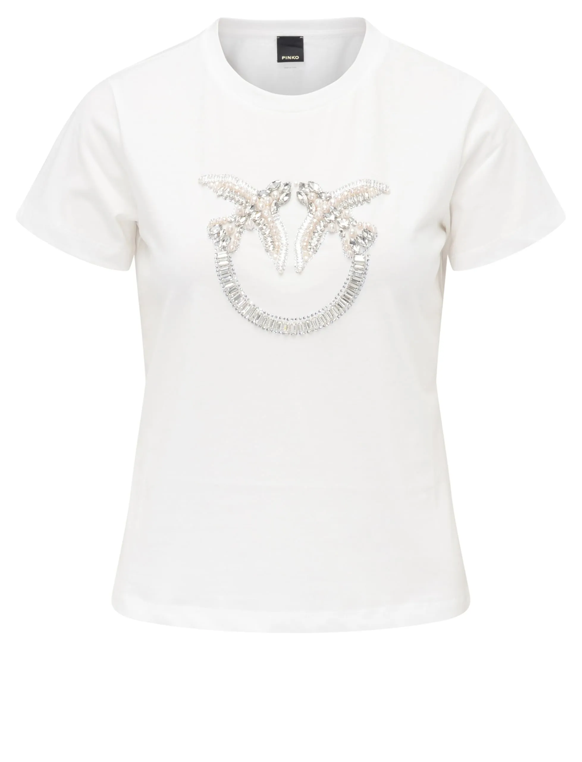 Pinko T-Shirt Quentin in Cotone Bianca con Ricamo in Cristalli, M