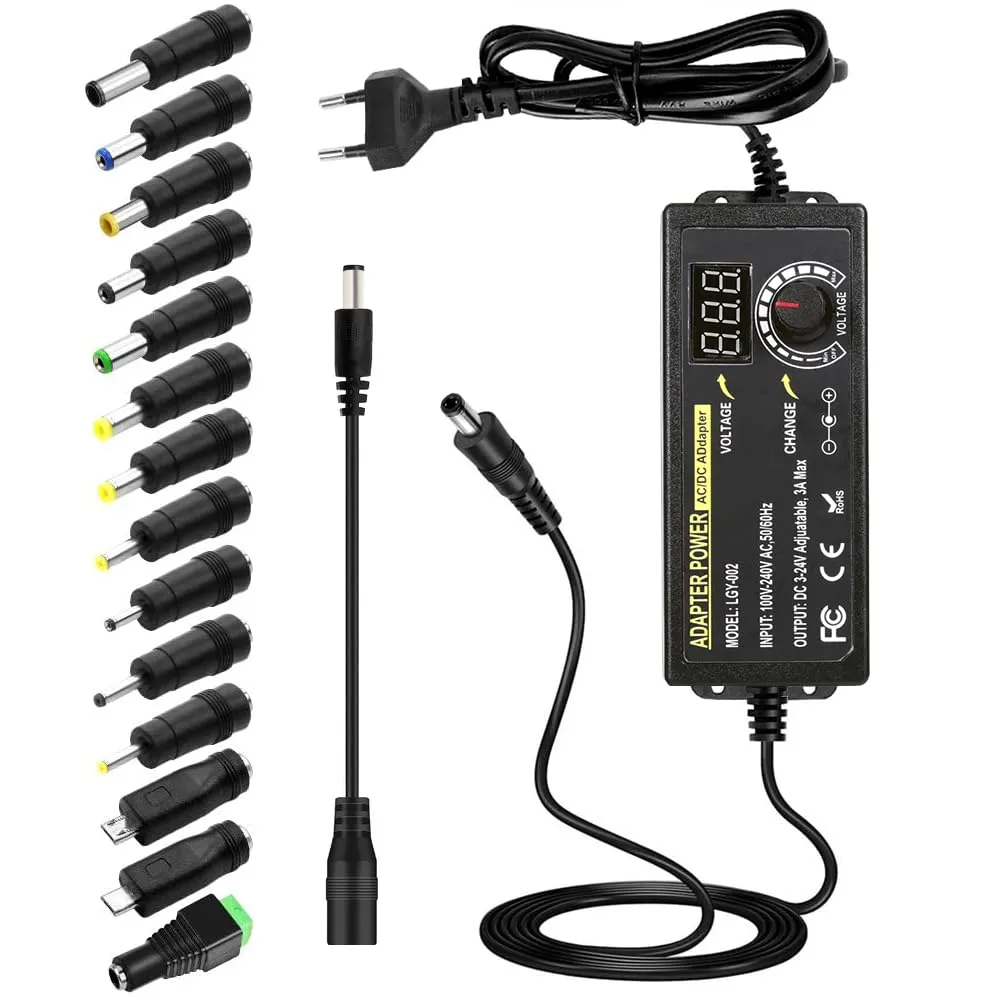 Alimentatore Universale, 3-24V Caricabatterie Universale, 3A, 72W Adattatore di Alimentazione Regolabile 100 V-240 V AC a DC con Indicatore di Tensione LED e 5,5 x 2,5 mm, 14 Consigli per Elettronica