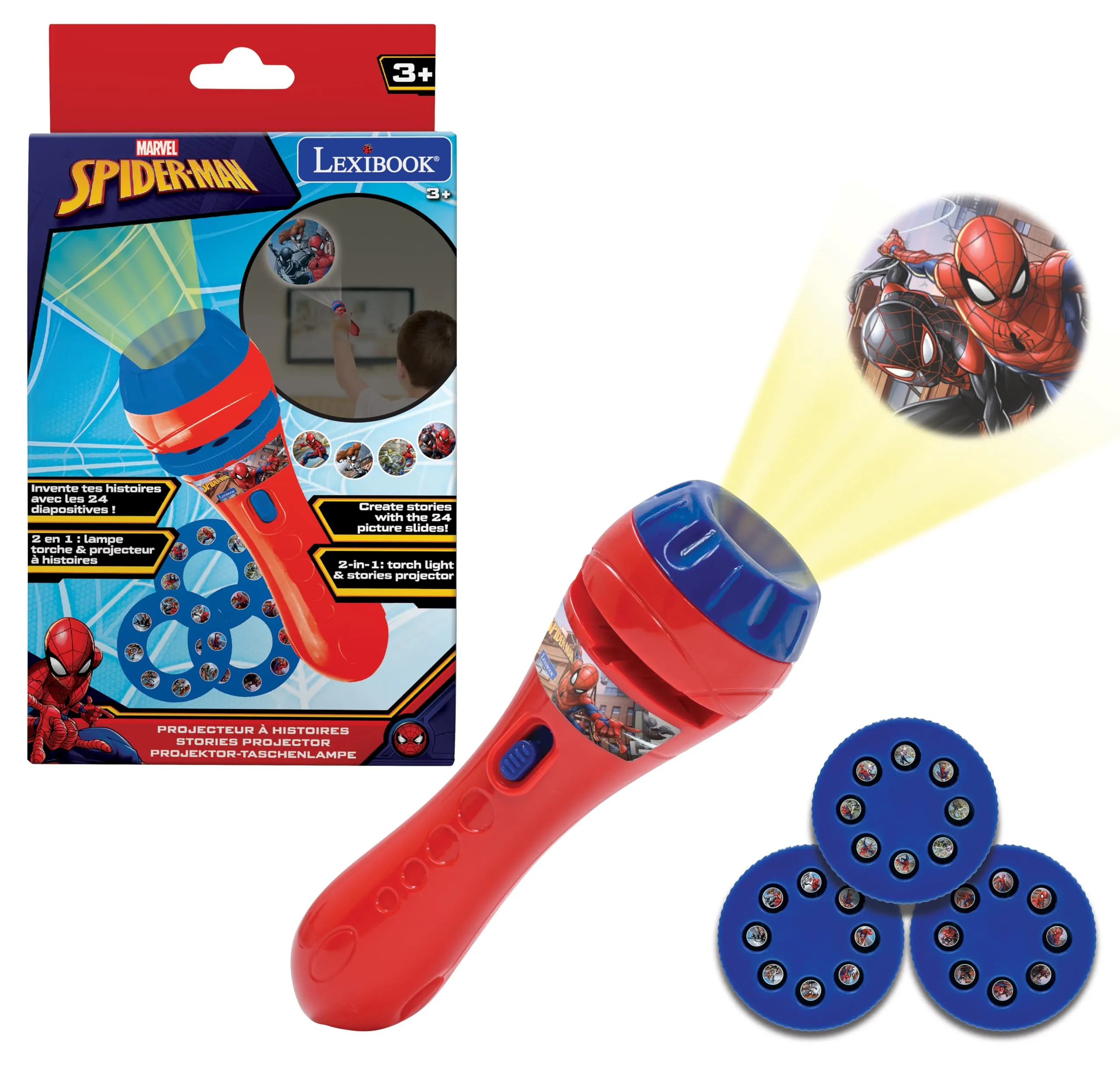 Lexibook, Spider-Man, Proiettore di storie, Torcia e proiettore con 3 Dischi, 24 Immagini, Crea Le tue storie, Rosso/Blu, LTC050SP
