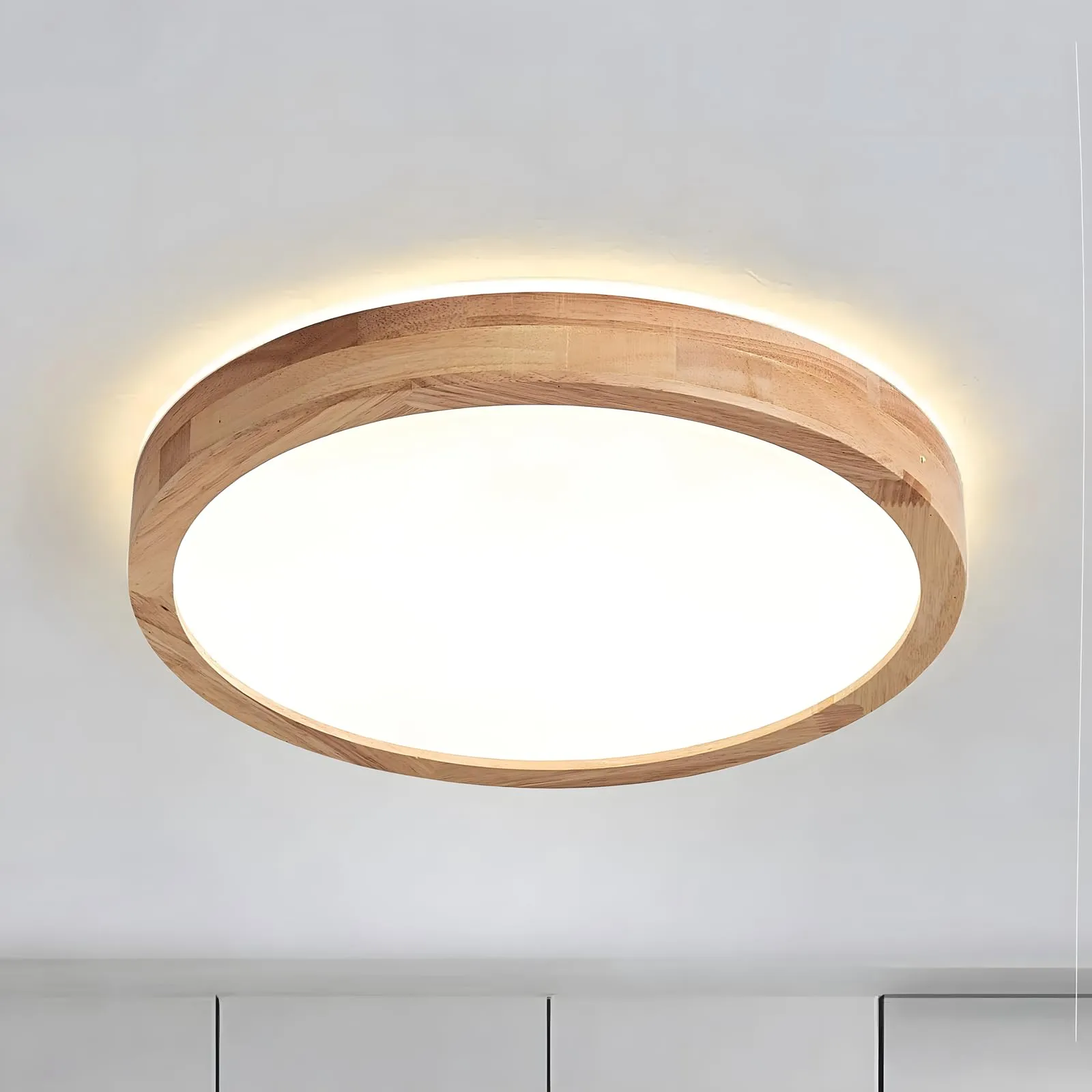 WayLuoung Plafoniera LED In Legno | Ø30cm 3000K 1620Lm 18W | Lampada Soffitto Girare In Legno Naturale Con Luce 360°, Camera Letto Soggiorno Cameretta Dei Bambini Cucina Sala Pranzo (Bianco Caldo)