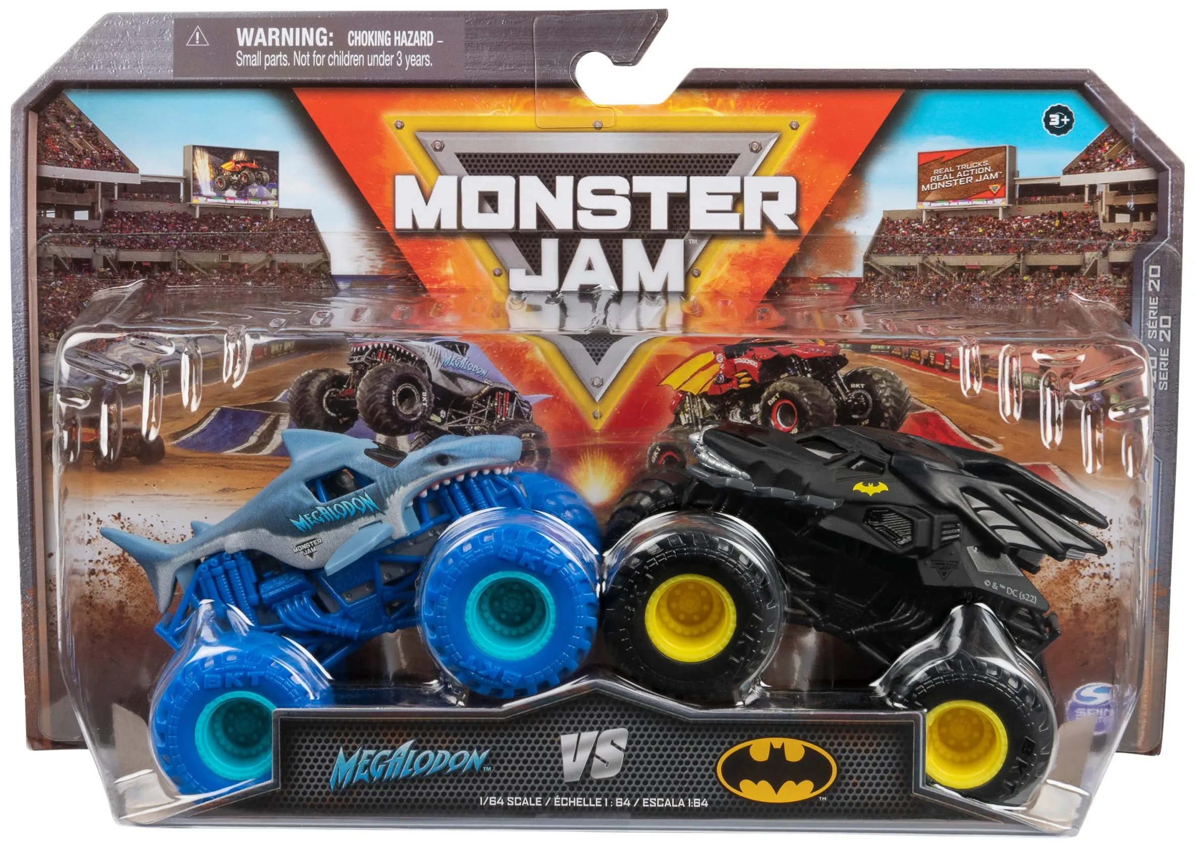 Monster Jam Stadio Confezione Originale Due con Batmobile vs. Megalodon-Autentici Camion Mostro in Scala 1:64, Multicolore, 6065293