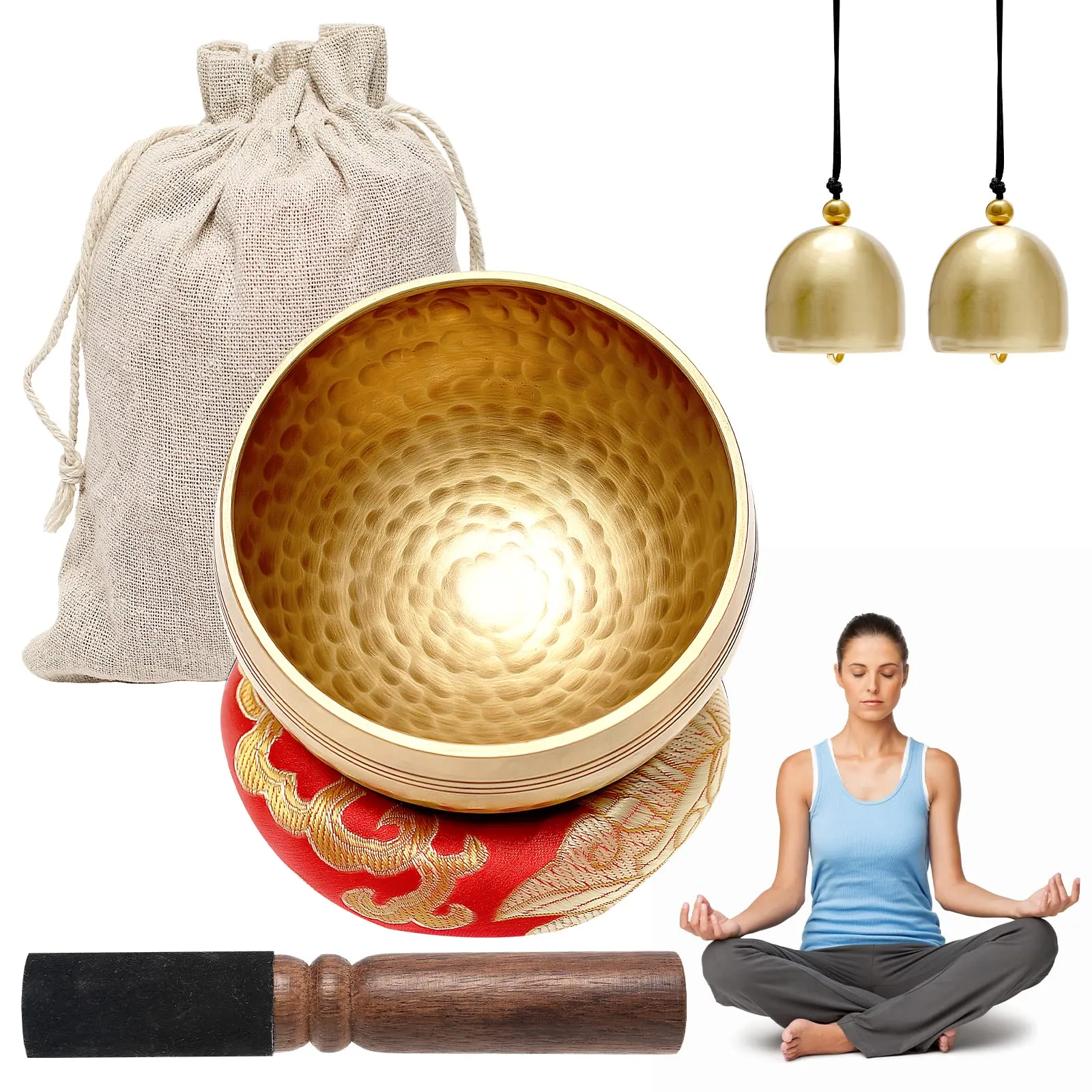 Campana Tibetana, 6 Pizze Set con Campana Tibetana con Battente a Doppia Superficie e Cuscino di Seta, 2 Campane Viene fornito Sacchetto per Yoga, Meditazione e Relax