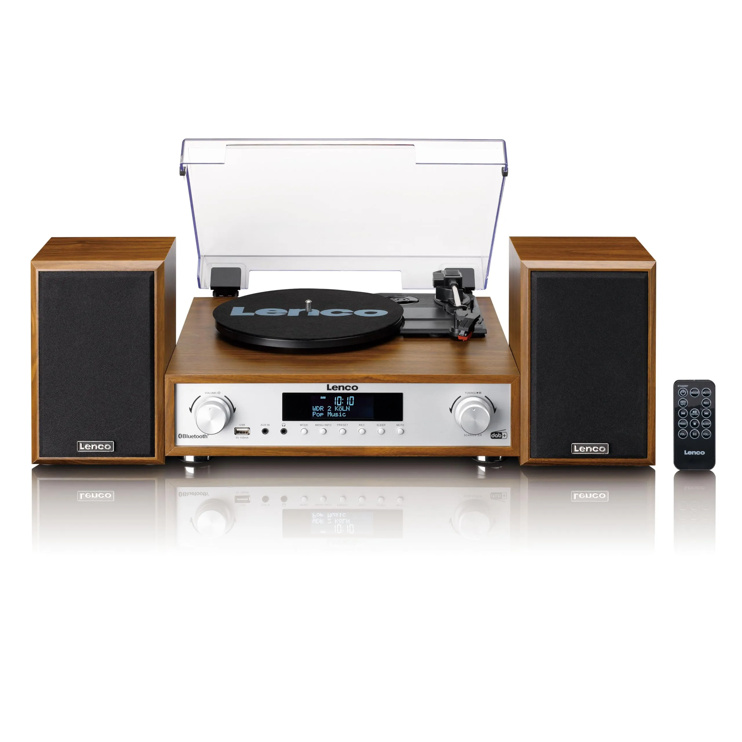 Lenco MC-160WD Impianto stereo con giradischi - Radio DAB+/FM, Bluetooth 5.0, codifica MP3 diretta da vinile su USB, trazione a cinghia, 3 velocità, altoparlanti in legno 2x10W, telecomando