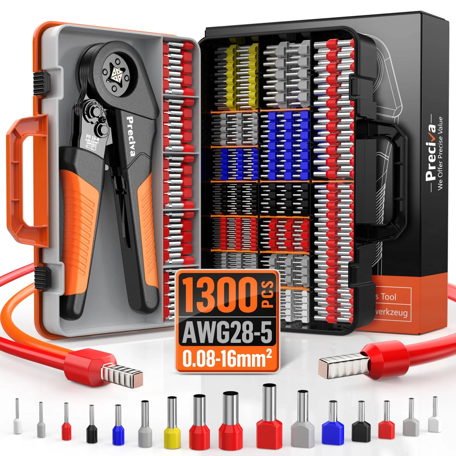 Preciva Pinza Crimpatrice 0,08-16 mm² con 1300 ghiere a filo singole e doppie, set di pinze per capicorda, regolabili, per l'industria, pinze a crimpare per il fai da te