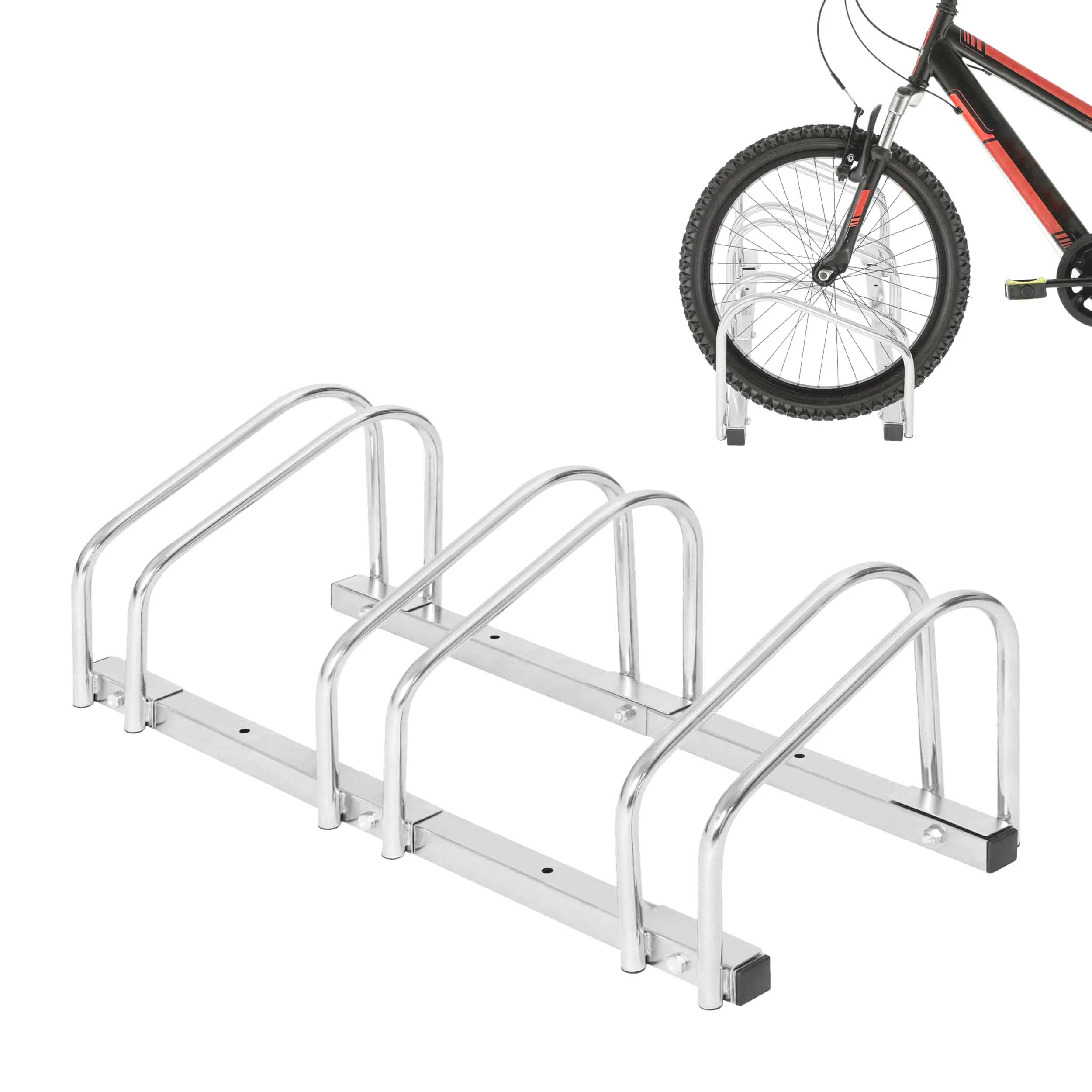 KOMBO - Rastrelliera Portabici 3 Posti in Acciaio Zincato per Ruote fino a 28" con Ganci Doppi e Tappi Anti-Graffio – Parcheggio Bici da Esterno o Garage, 63x30x21 cm