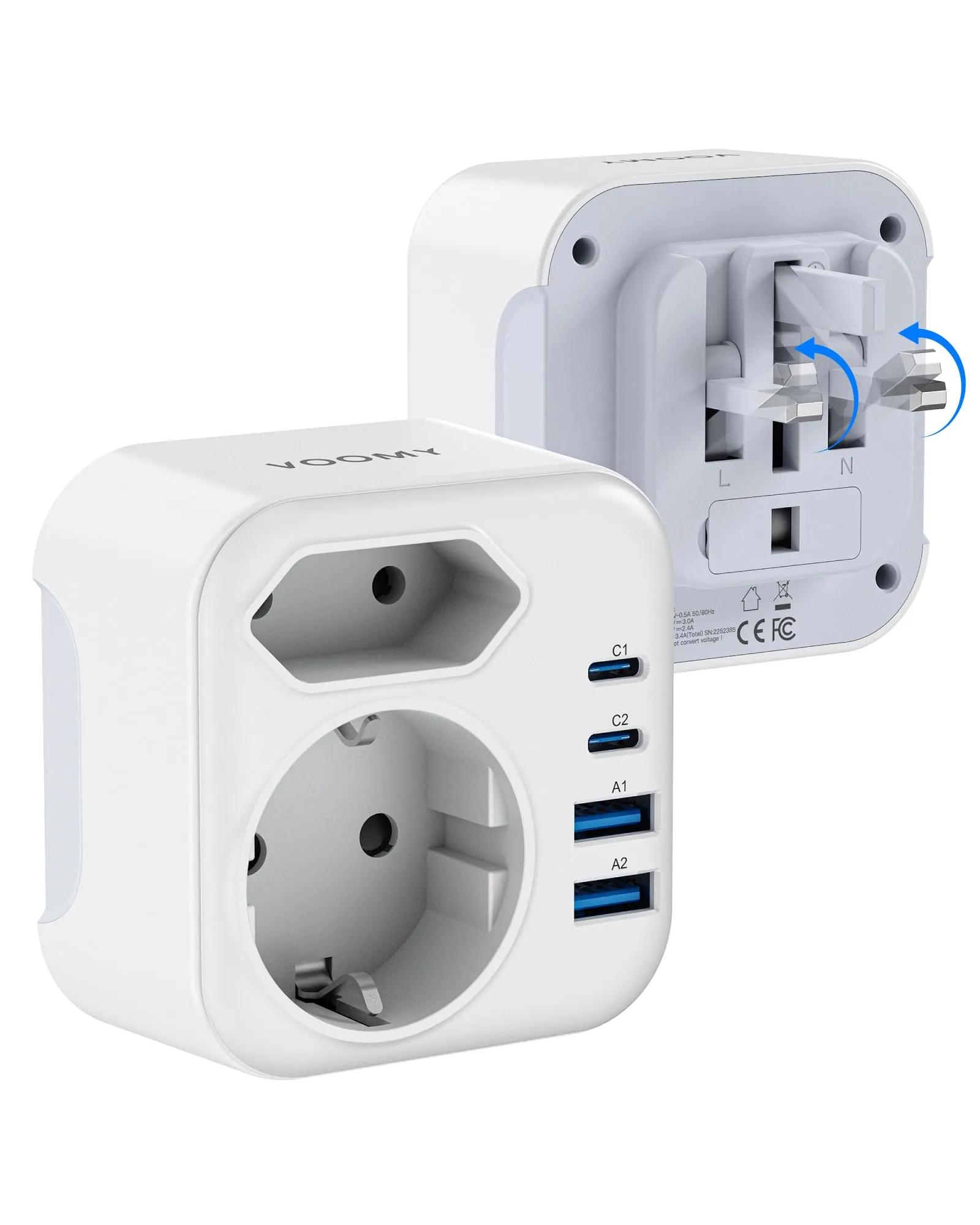 Voomy Adattatore da Viaggio per Inghilterra, Irlanda, Scozia, Malta, EAU, Adattatore Universale Pieghevole con 3250W, 2 USB-C e 2 USB-A, Tipo G