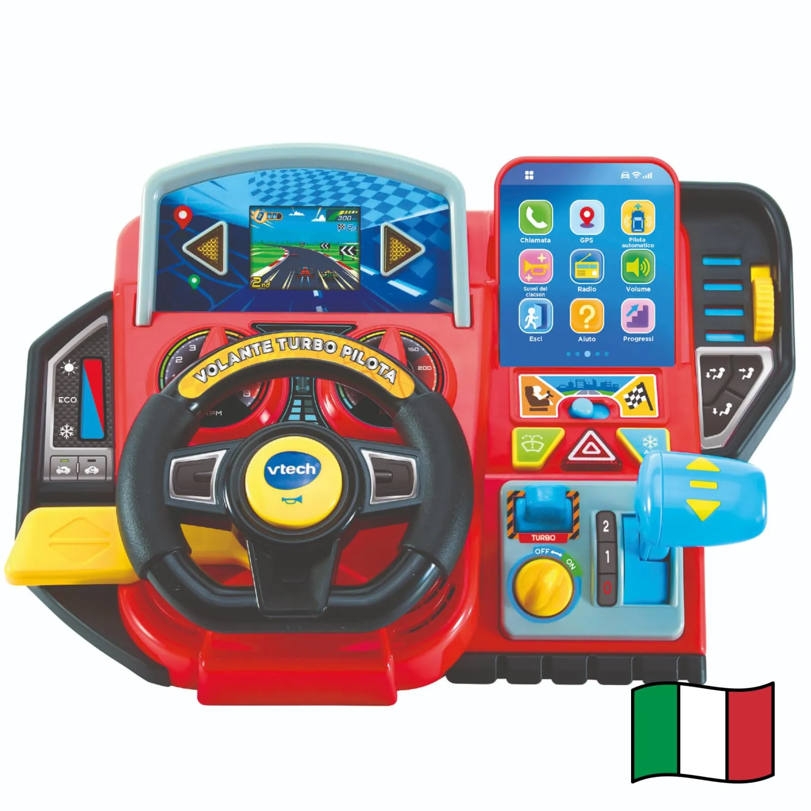 VTech Volante Turbo Pilota, Volante Bambini con Cruscotto Interattivo, Oltre 20 Giochi Educativi e 9 Circuiti, Schermo LCD, Clacson e Indicatore Direzione, Lingua Italiana, Batterie Incluse, 3-8 Anni