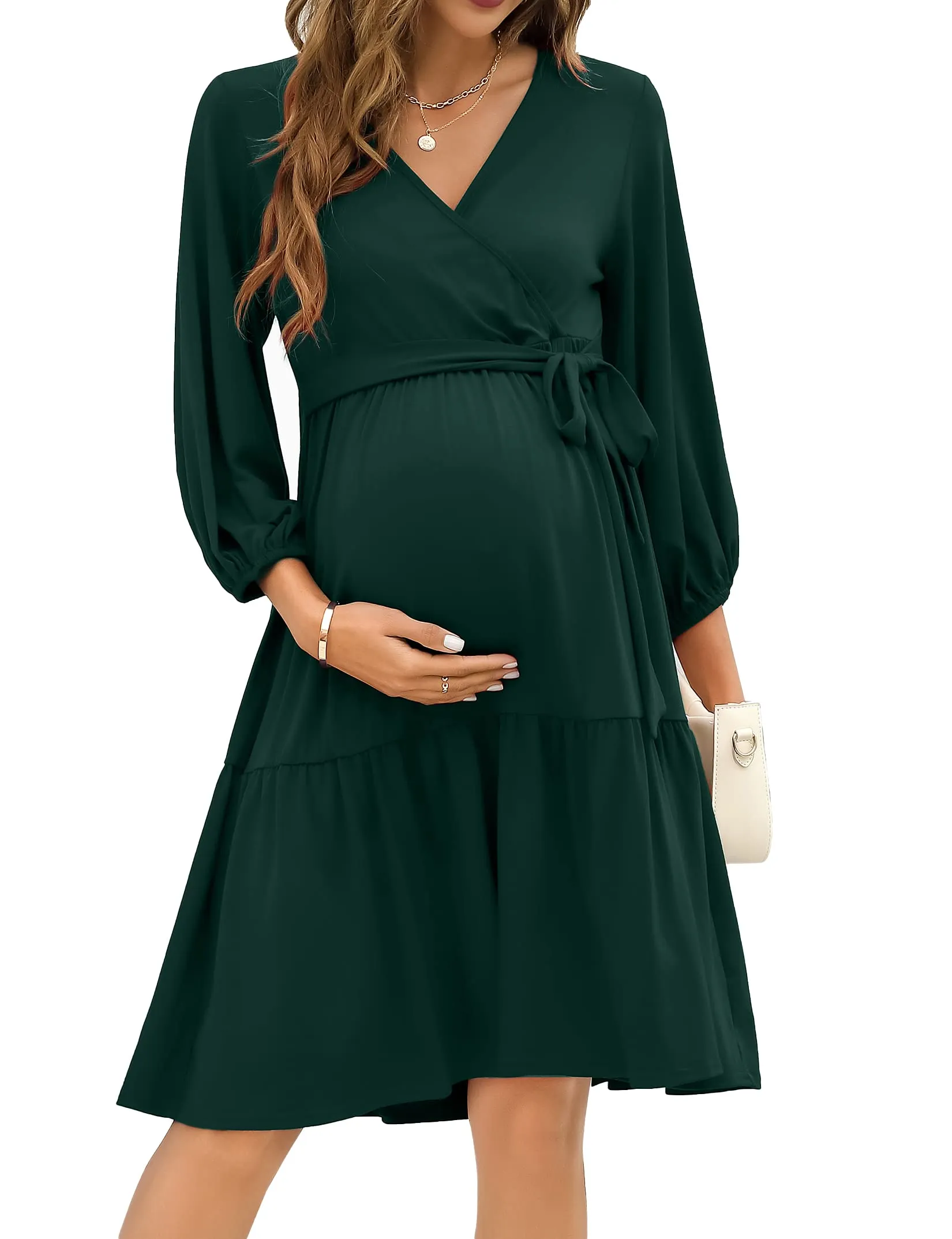KOJOOIN Abito Premaman da Donna Abito da Allattamento Volant Abiti da Gravidanza con Cintura Scollo a V Maniche 3/4 Verde Scuro L