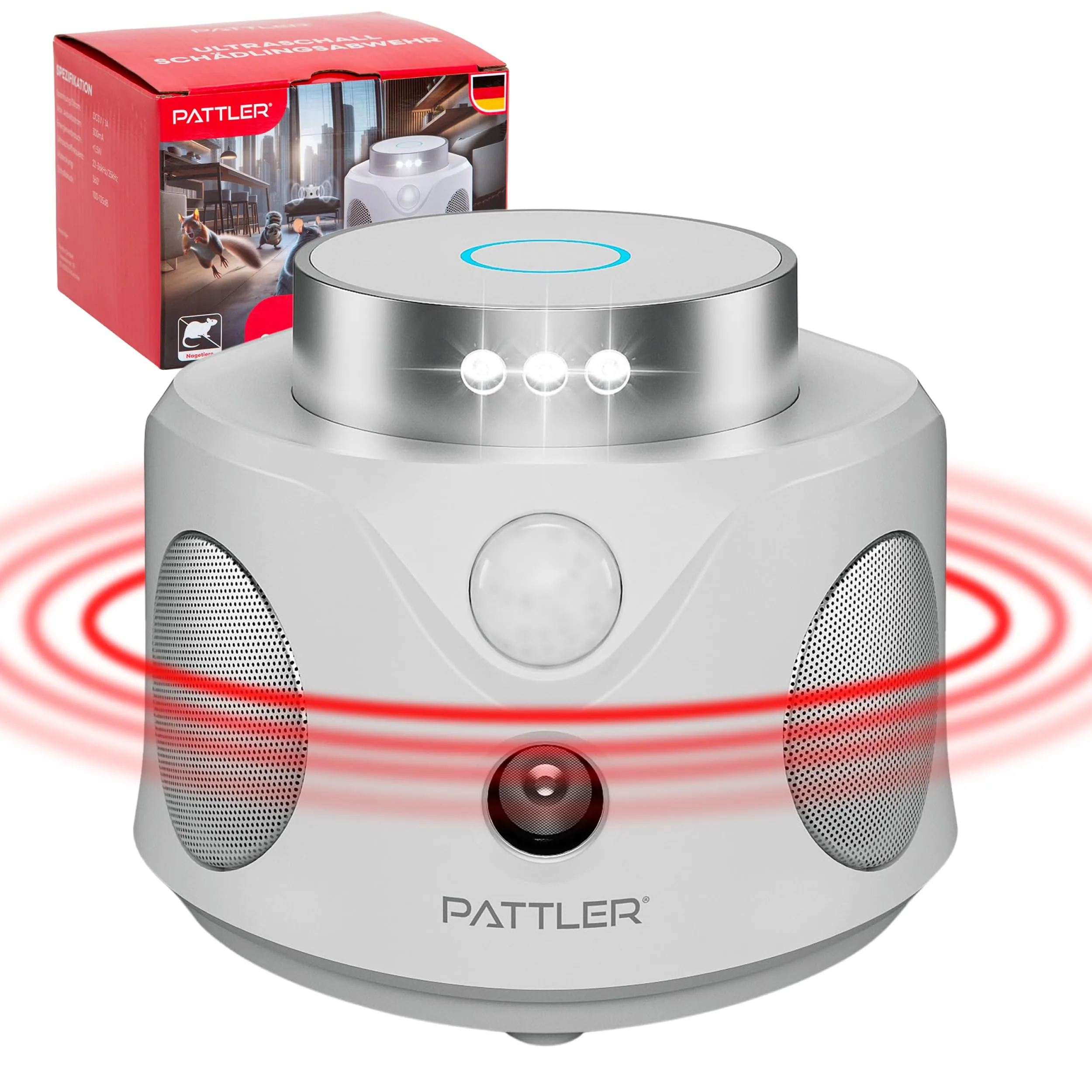 PATTLER Dissuasore per Topi ad Ultrasuoni, Repellente Ultrasuoni Topi, Ultrasuoni per Topi a 360°, Ultrasuoni per Topi da Esterno e da Interno, Scaccia Topi, Pest Reject, Dissuasori per Topi