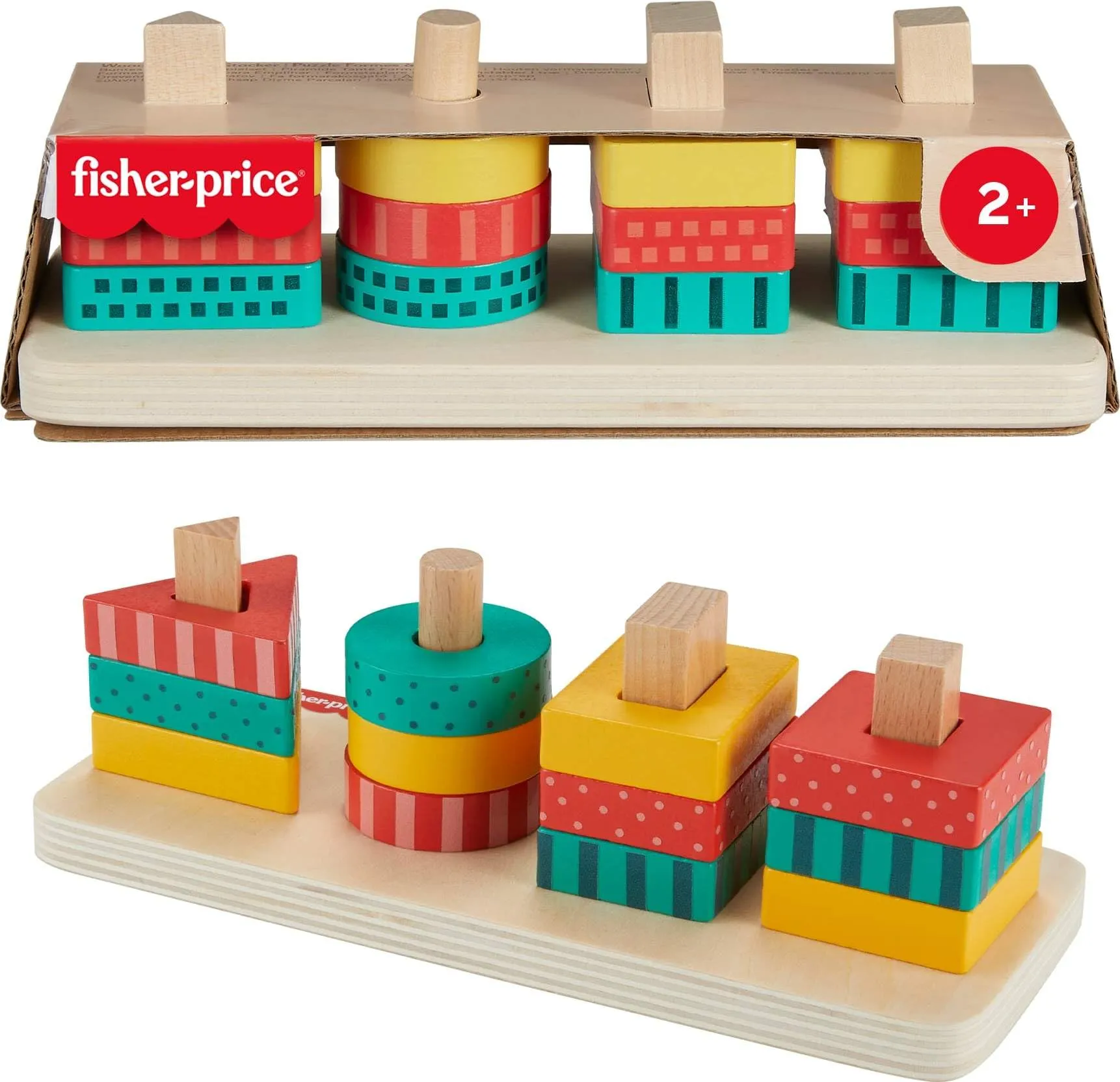 Fisher-Price - Impilatore di forme in legno, 12 forme da impilare e una base, gioco cercaforme per stimolare le capacità motorie e la risoluzione di problemi, giocattolo per bambini, 2+ anni, HXV05