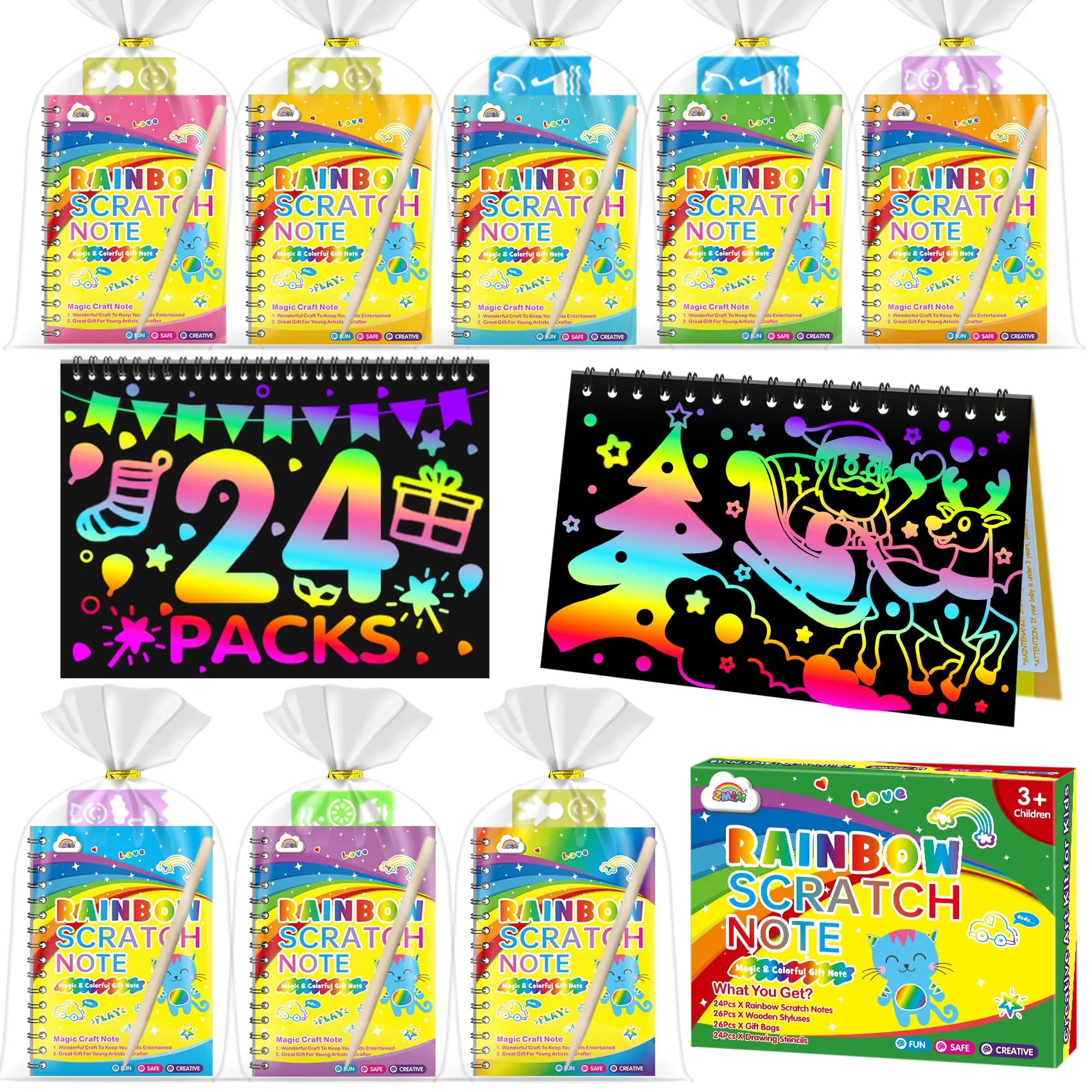 ZMLM 24 Libri Scratch Art Bambini Kit Disegno, Fogli Arcobaleno da Grattare Craft Notebook con 26 Stilo 24 Stencil Scratch Painting Paper Set per Cesto Pasqua regalini fine Festa Compleanno Bambini