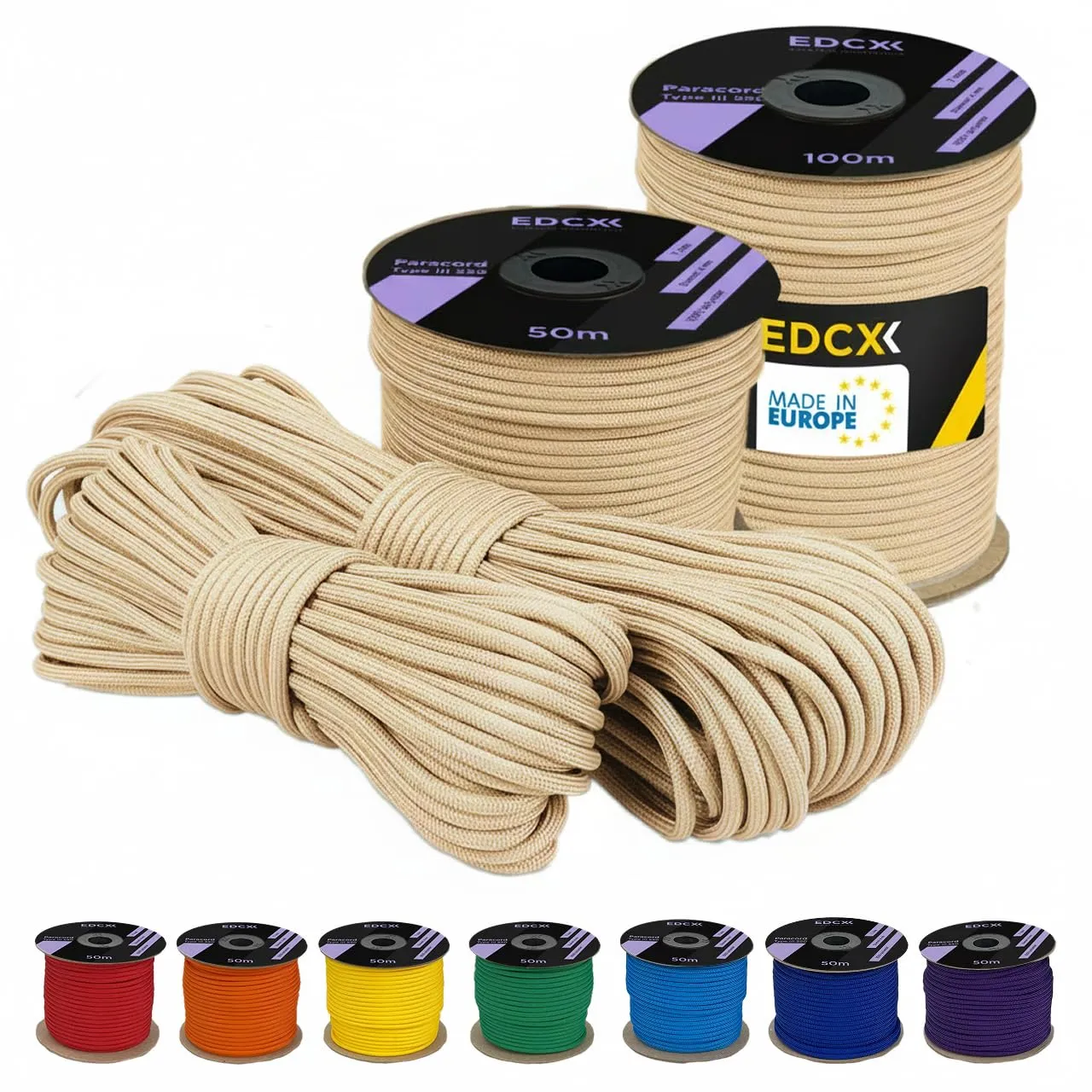 EDCX poliestere Paracord 550 (15, 30 e 50 m) – 4 mm Tipo III, cavo per paracadute resistente allo strappo per la sopravvivenza in 100% poliestere con 7 fili | Colori a tinta unita (Beige, 50 m)