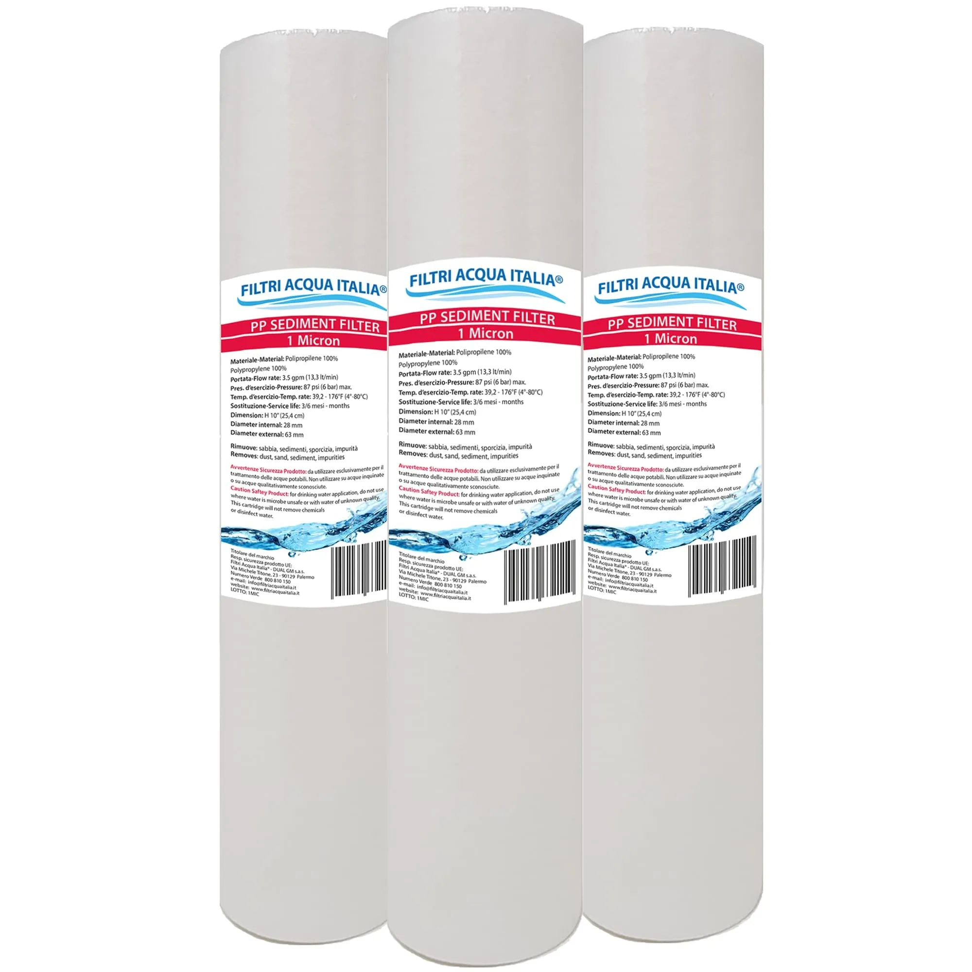 CARTUCCIA FILTRO ACQUA POLIPROPILENE A SEDIMENTI 10 POLLICI MICRON 1 PER OSMOSI INVERSA DEPURATORE ACQUA SET 3 PEZZI