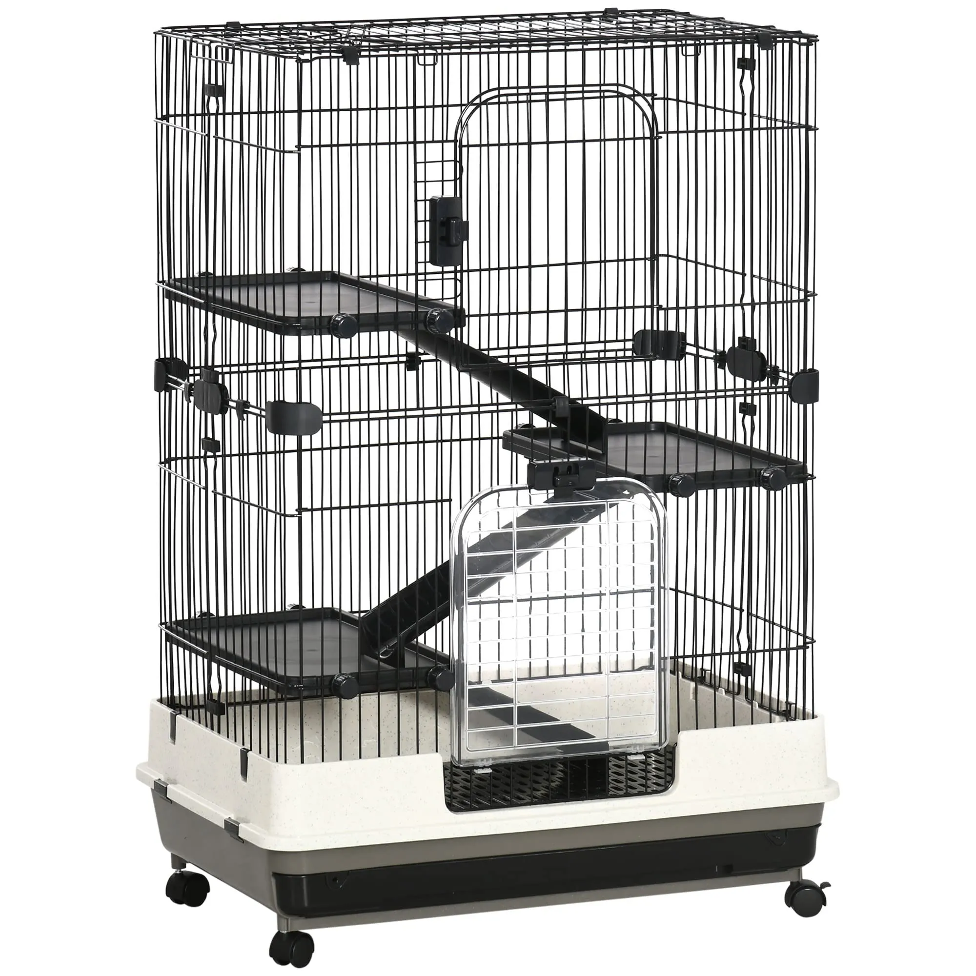 PawHut Gabbia a 3 Piani in Metallo con Vassoio per Roditori, Conigli e Furetti con 4 Ruote, 81.2x52.7x114cm, Nera
