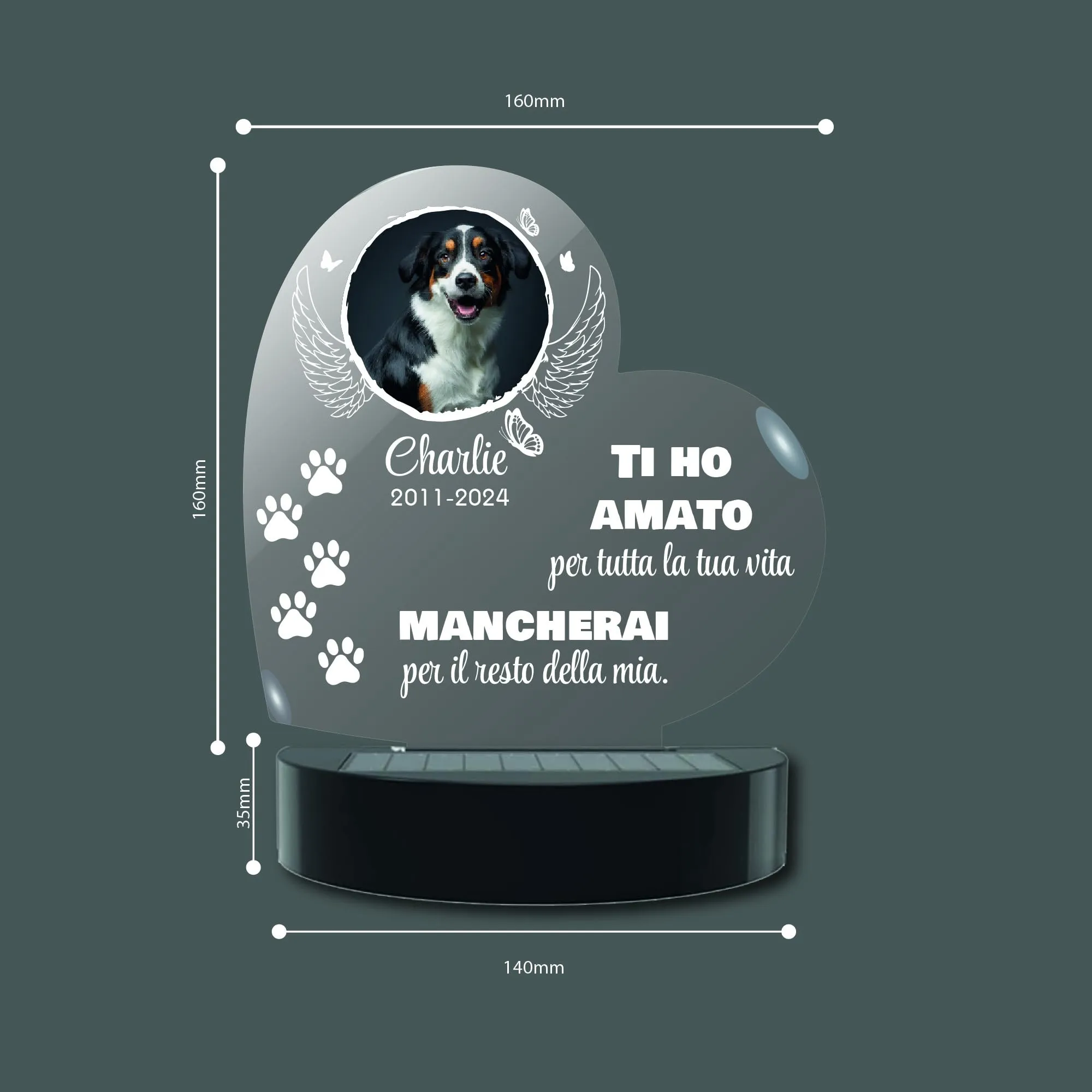 Lampada Commemorativa LED Solare per Cane e Gatto - Memoriale LED da Giardino Personalizzabile (Cuore)