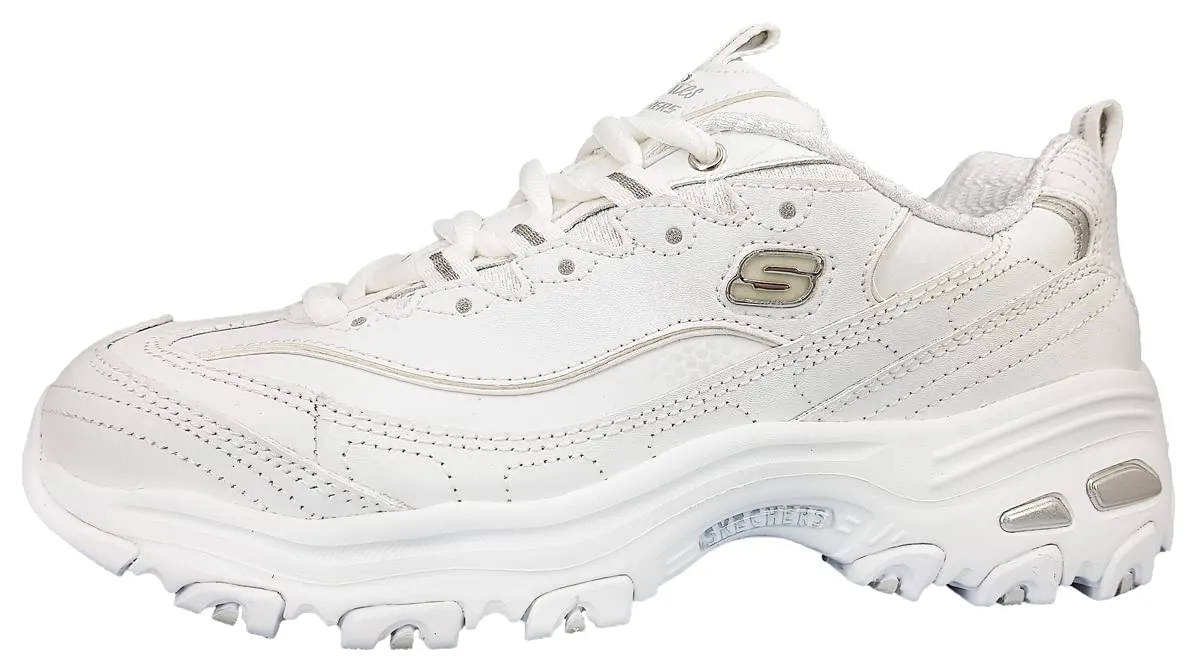 Skechers D'Lites - Fresh Start, Scarpe Donna, White Leather Mesh Silver Trim L, 39 EU