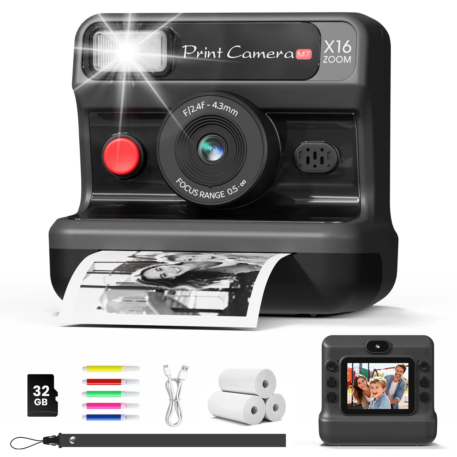 CalineGam Macchina Fotografica Bambini Istantanea, HD 1080P Macchina Fotografica Istantanea con Scheda da 32 GB e 3 Rotoli di Carta, Regalo di Natale per Ragazze Ragazzi dai 3 ai 14 Anni