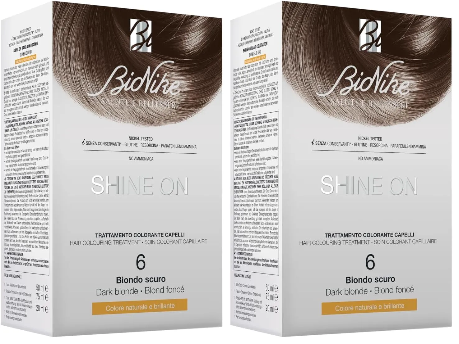 Bionike Shine On - Trattamento Colorante Capelli N.6 Biondo Scuro, Kit Tinta per Cute Sensibile Senza Ammoniaca, Azione Nutriente e Protettiva, Dona un Colore Brillante, Copre i Capelli Bianchi