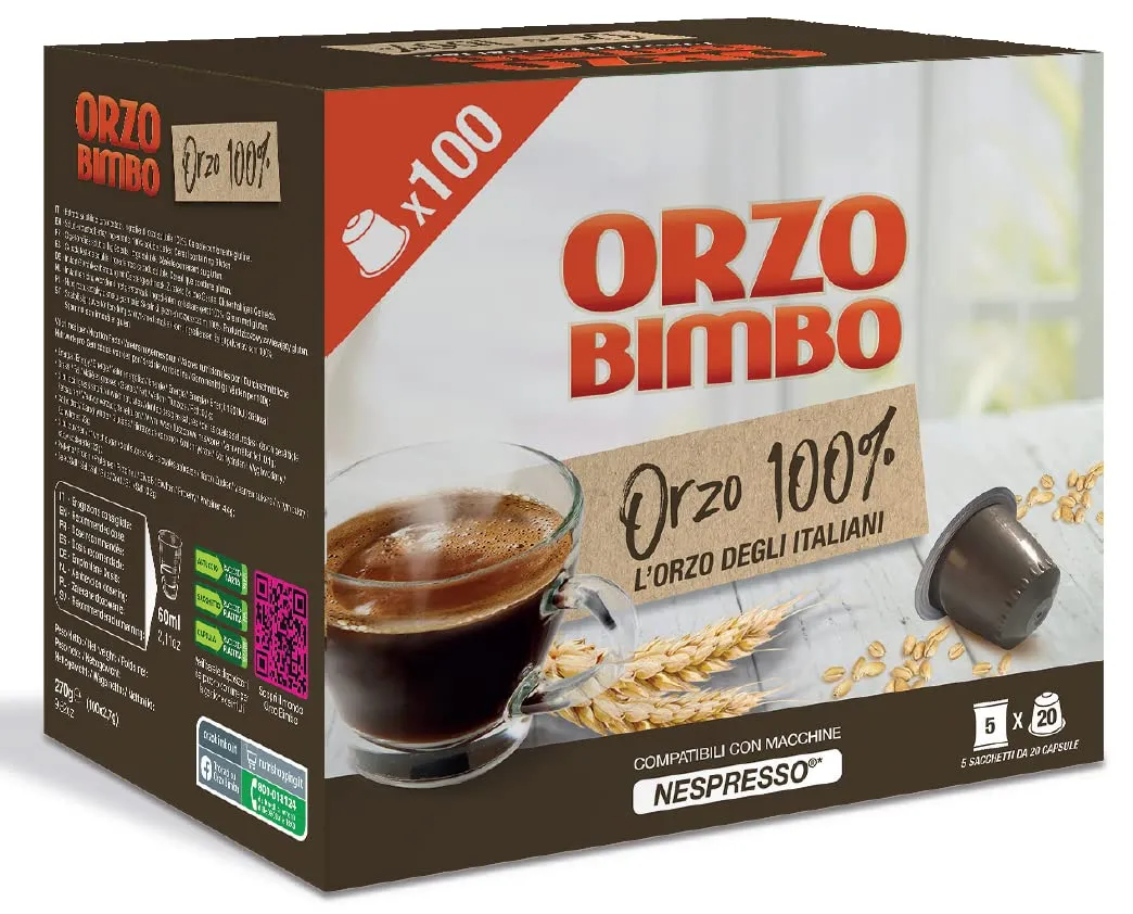 ORZO BIMBO ORZO BOX 100 capsule, Capsule compatibili Nespresso, Naturalmente senza caffeina, Con solo orzo, Per la colazione e le pause