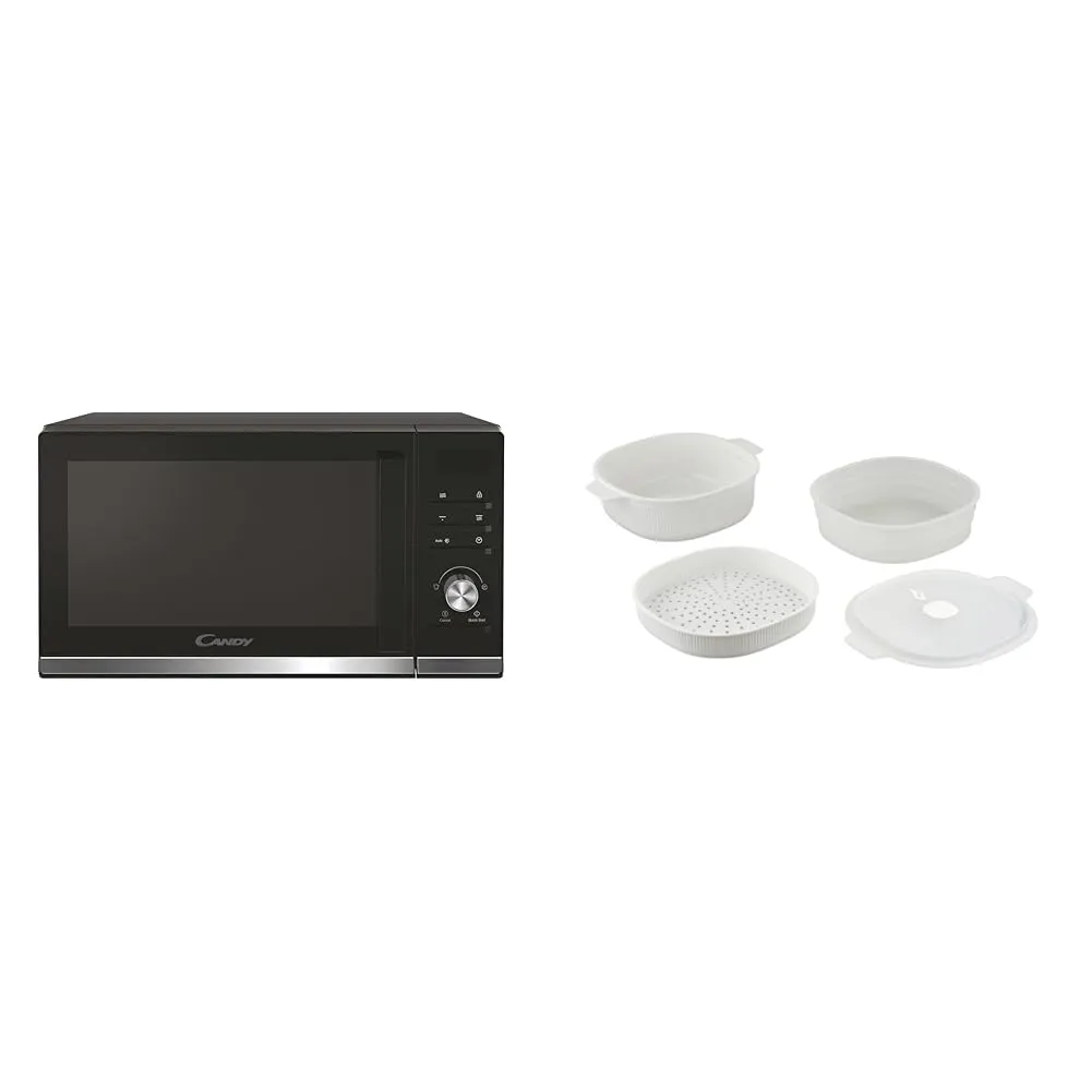 Candy New Timeless CMGA23TNDB, Microonde con Grill, 23 Litri, Piatto Girevole 27 cm, Potenza 900 W-1000 W, Nero + Pentola a Vapore per Microonde. Contenitore Ideale per Cuocere a Vapore, Con 2 Vassoi