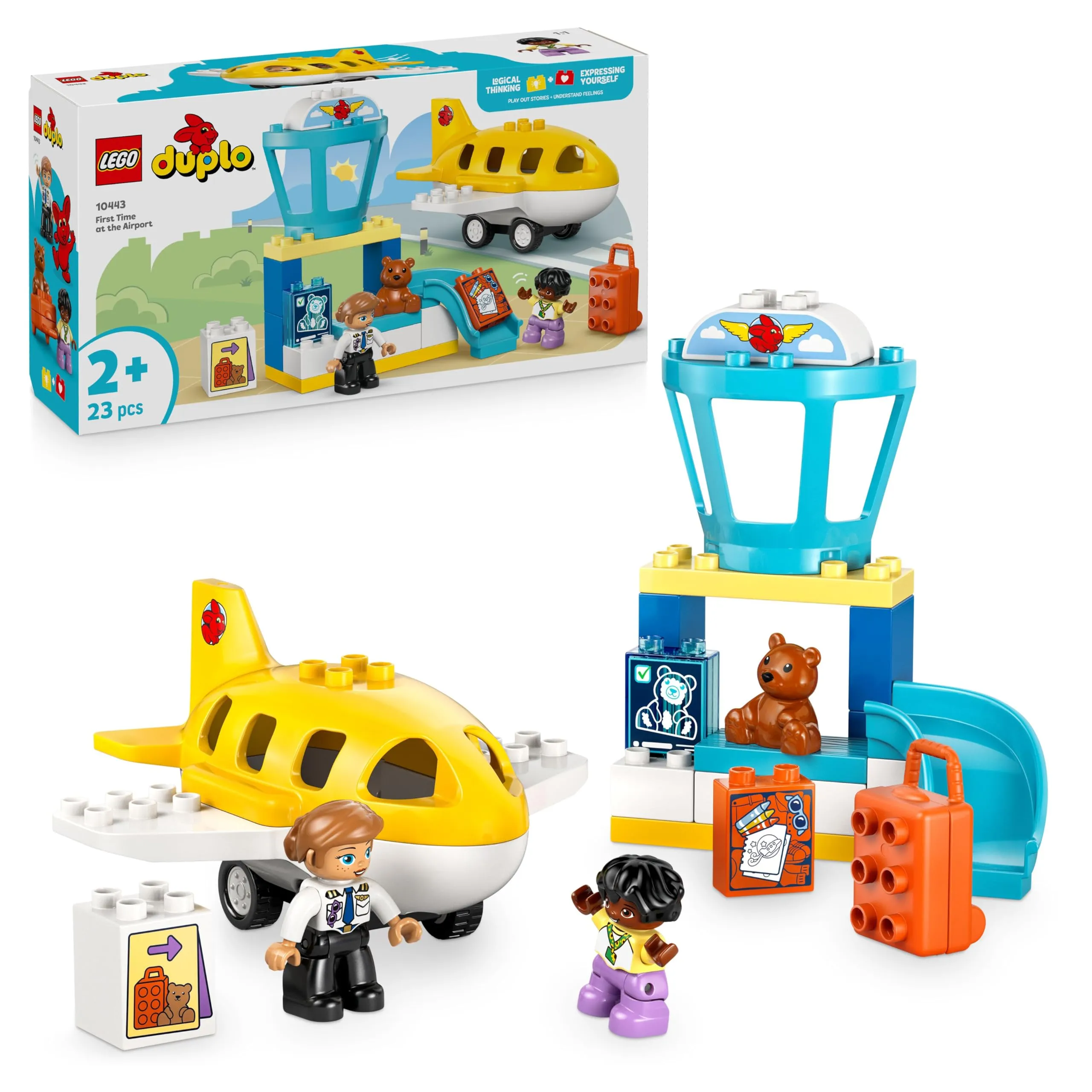 LEGO DUPLO La Prima Volta in Aeroporto - Gioco Educativo per la Motricità Fine con Aereo Giocattolo, 2 Figure e un Orsacchiotto - Regalo di Compleanno per Bambini e Bambine da 2 Anni in su - 10443