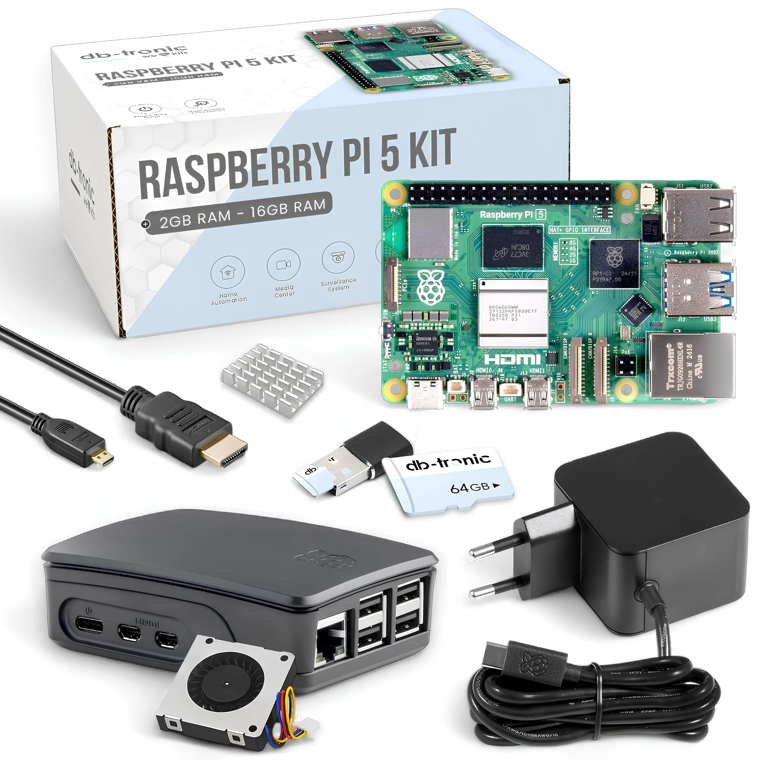 Raspberry Pi 5 8 GB Starter Kit Black | Alimentatore ufficiale da 27 W | Custodia ufficiale con ventola | Scheda di memoria da 64 GB | Cavo Micro HDMI 4K 1 m