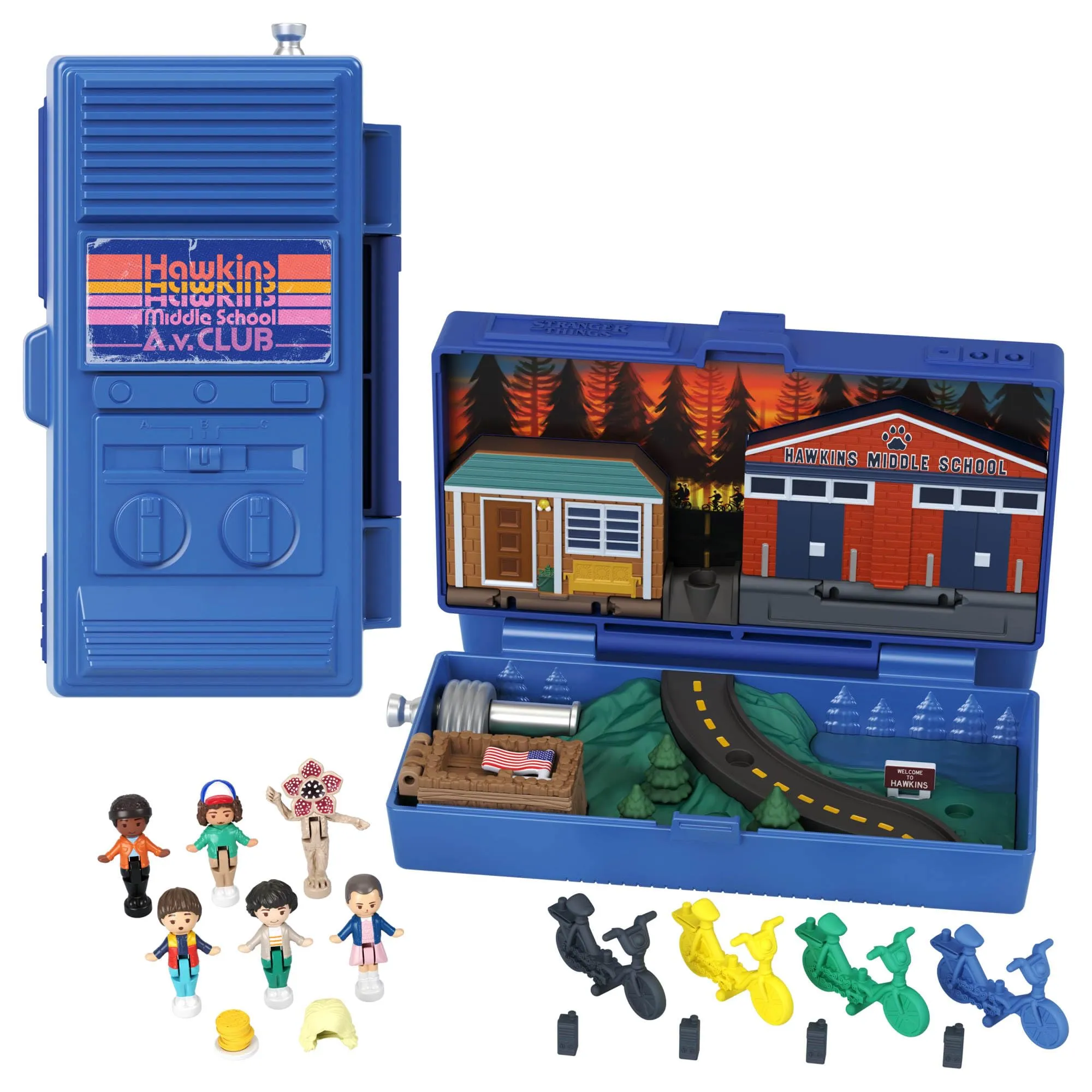 Polly Pocket Stranger Things - Cofanetto Walkie Talkie, playset edizione speciale da collezione con 6 bambole dei personaggi della serie e 10 accessori inclusi, giocattolo per bambini, 4+ anni, HWP22