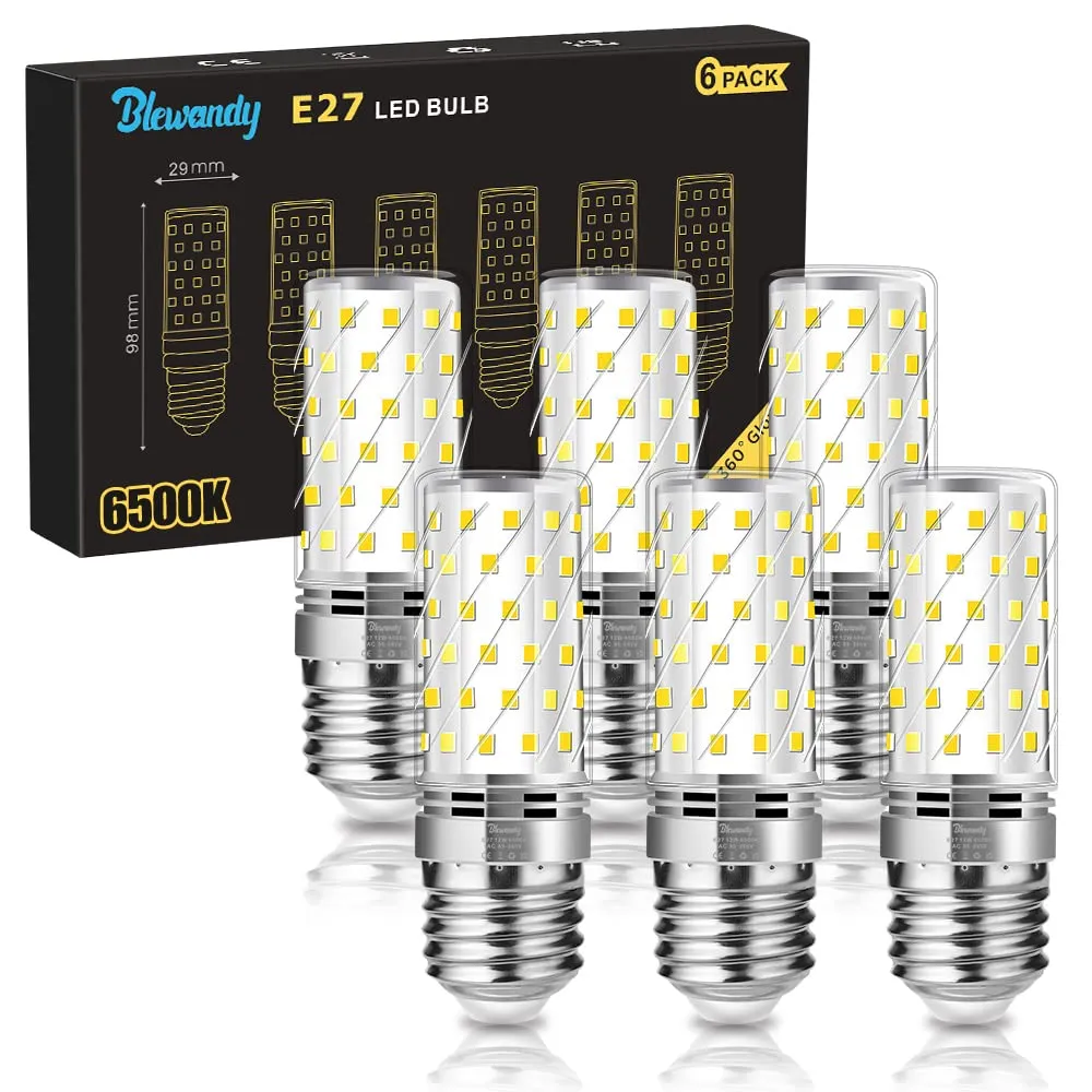 Blewandy Lampadina Mais LED E27 12W, Luce Bianca Fredda 6500K, Equivalenti a 100W Incandescenza, Non Dimmerabile, Nessun Sfarfallio Risparmio Energetico, 6 Pezzi