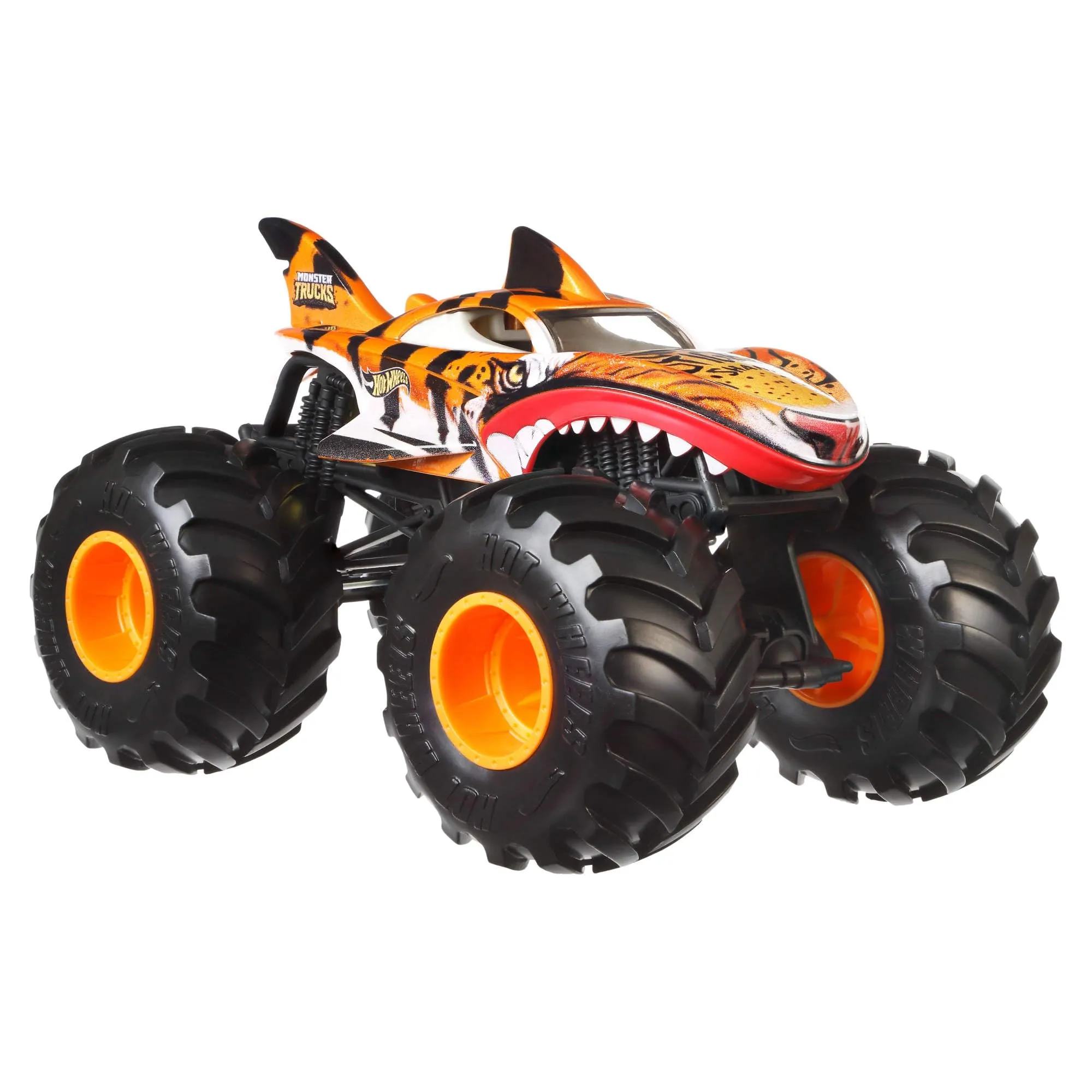 Hot Wheels Monster Trucks - Tiger Shark Oversize, Veicolo in Scala 1:24 con Ruote giganti e carrozzeria in Metallo, Perfetto per Le acrobazie, Giocattolo per Bambini, 3+ Anni, JDR02