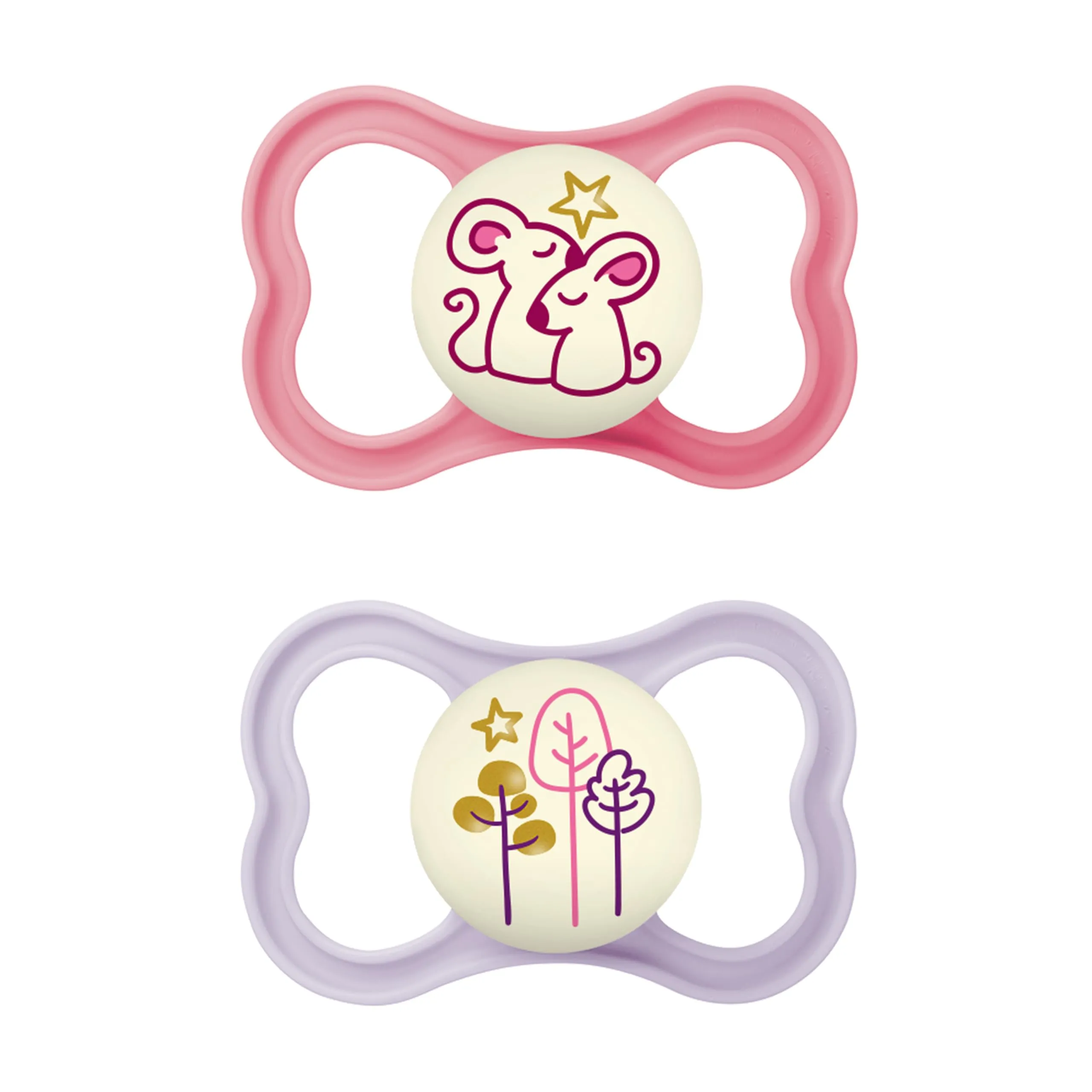 MAM Air Night Succhietto 6-16 Mesi (Set da 2), Ciuccio MAM 6-16 mesi che si illumina al buio per pelli sensibili, Kit da 2 accessori neonato con tettarella in silicone e porta ciuccio, Rosa & Viola
